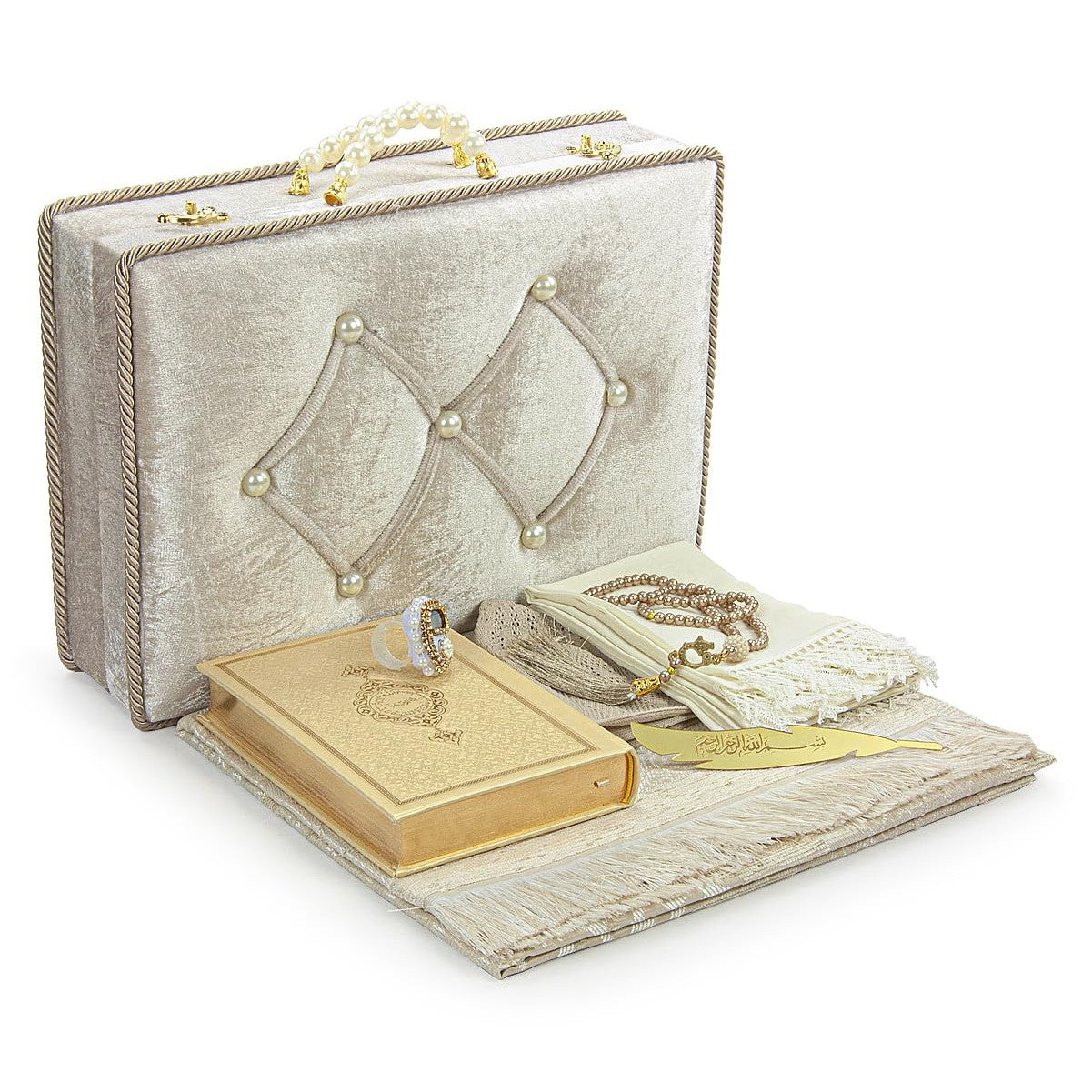 ihvan online Muslim Prayer Rug Set, Islamic Dowry Gift Box for Men & Women, Shawl, Kufi Hat, Digital Beads Counter, Quran Gift, Elegant Islamic Gifts Set for Ramadan & Eid & Wedding, Beige - Medaid International