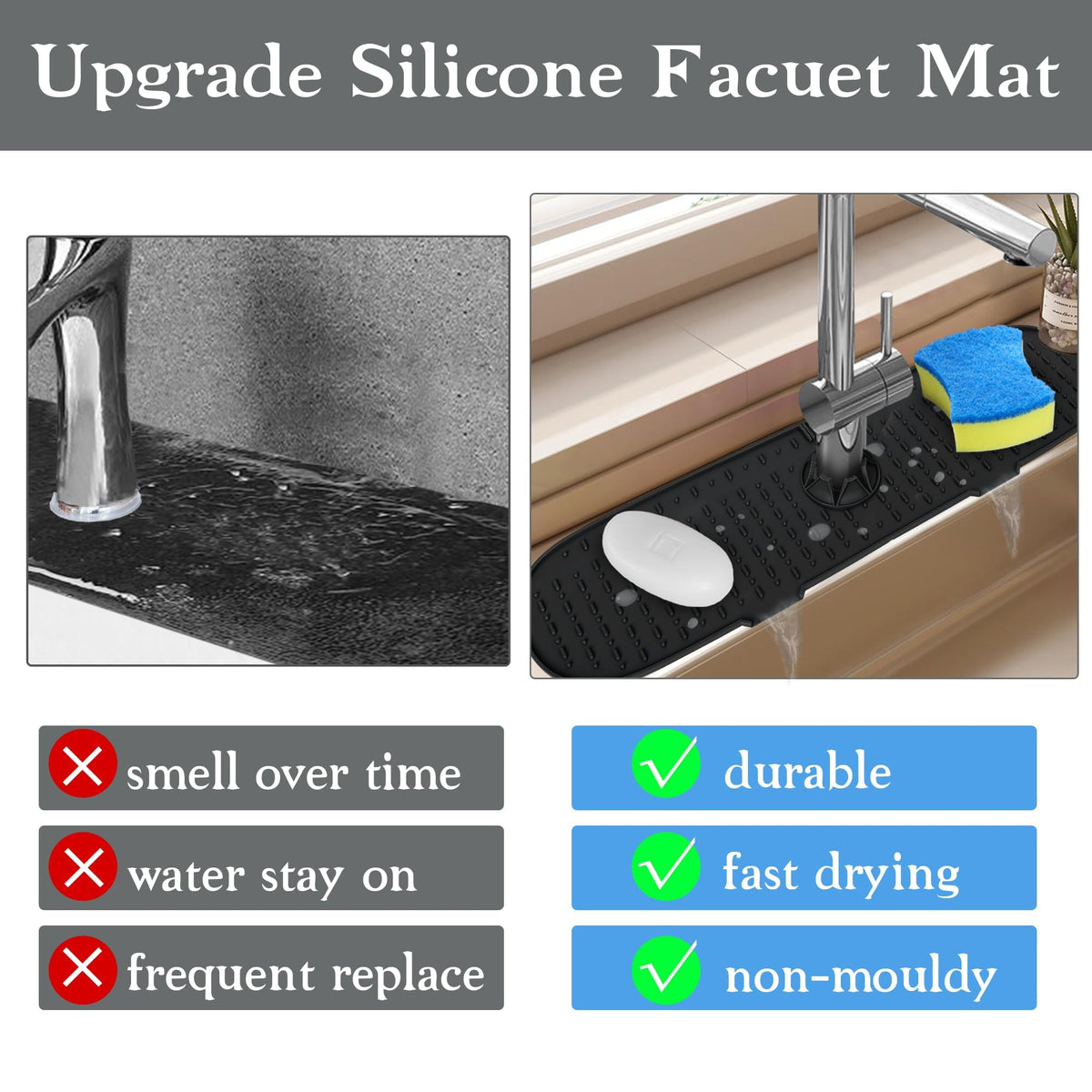 KASTWAVE Silicone Faucet Mat, Sink Splash Guard, Bathroom Faucet Water Catcher Mat, Water Catcher Mat for Kitchen & Bathroom Countertop Protect, Keep Drying Kitchen Accessories (Black)