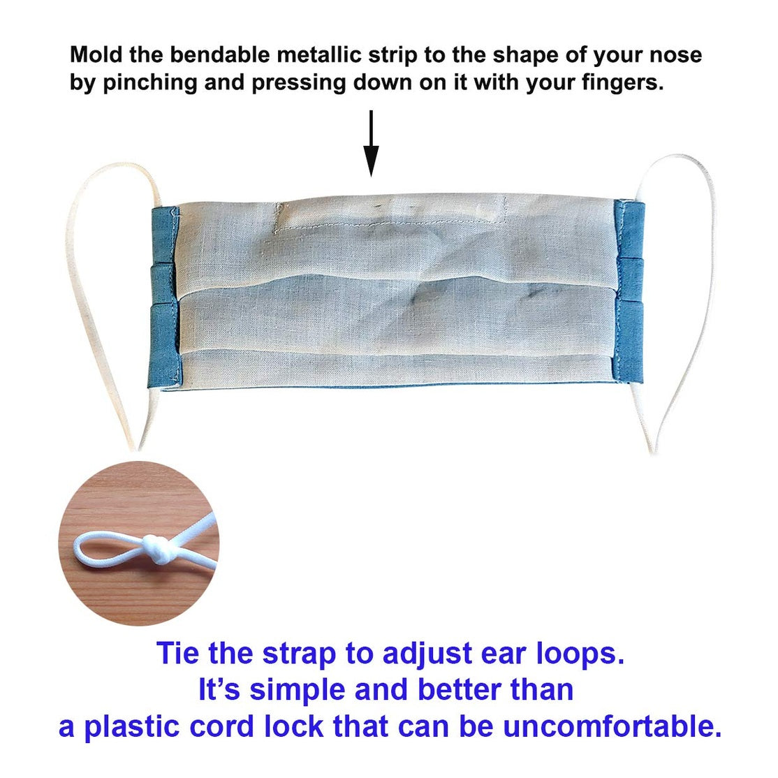 100% Cotton Korean Reusable Washable Adjustable Metal Strip Face Mouth Mask 2 Pack Double Layer Anti-Dust Fashion Outdoor Cloth Cover (Blue) - Medaid International
