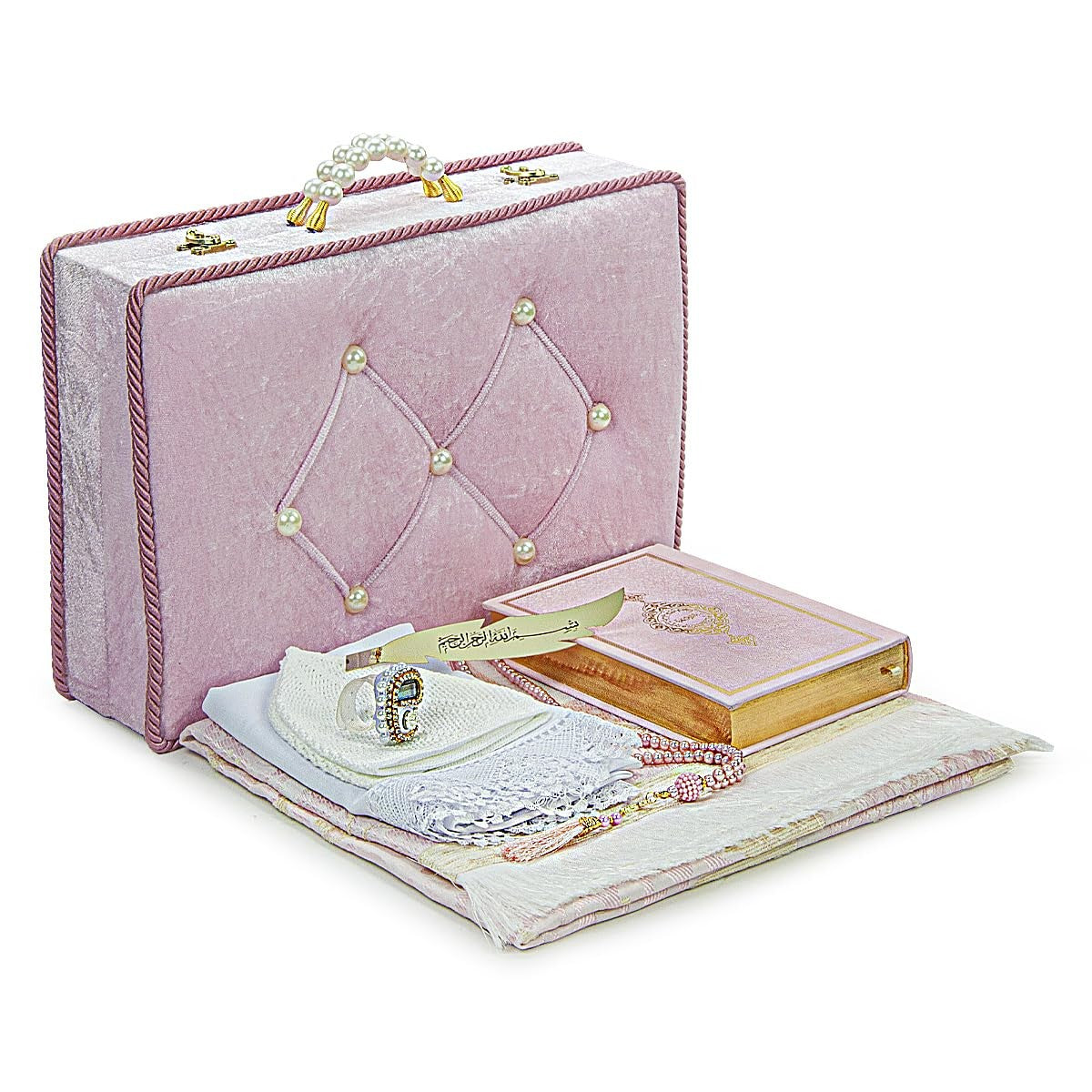 ihvan online Muslim Prayer Rug Set, Islamic Dowry Gift Box for Men & Women, Shawl, Kufi Hat, Digital Beads Counter, Quran Gift, Elegant Islamic Gifts Set for Ramadan & Eid & Wedding, Pink - Medaid International