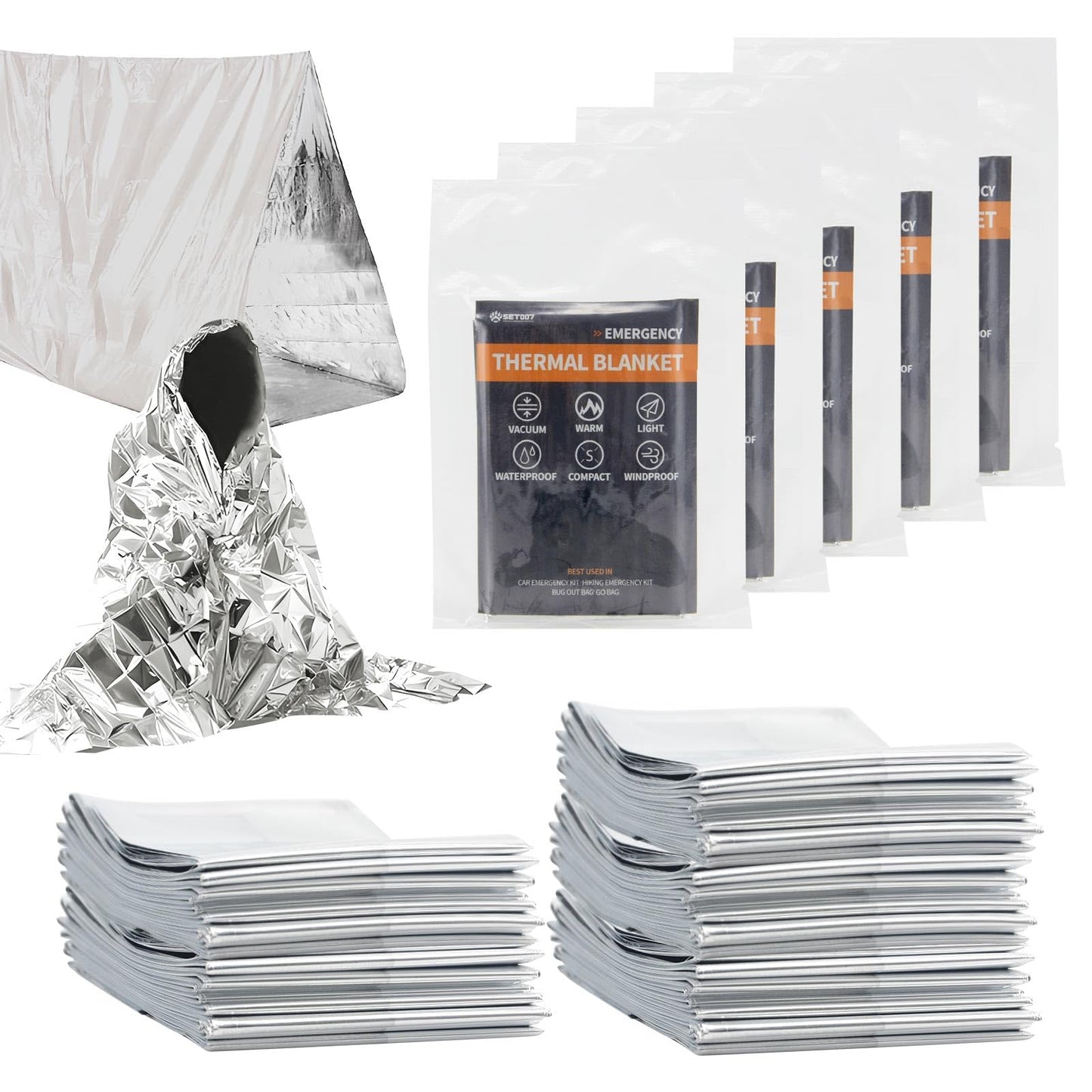 SET007 5-Pack Emergency Mylar Thermal Blankets, 82"x62" Space Blankets Foil Blanket, XL Camping Blanket for Outdoors, Hiking, Survival kit, Bug Out Bag，Marathons or First Aid, Silver