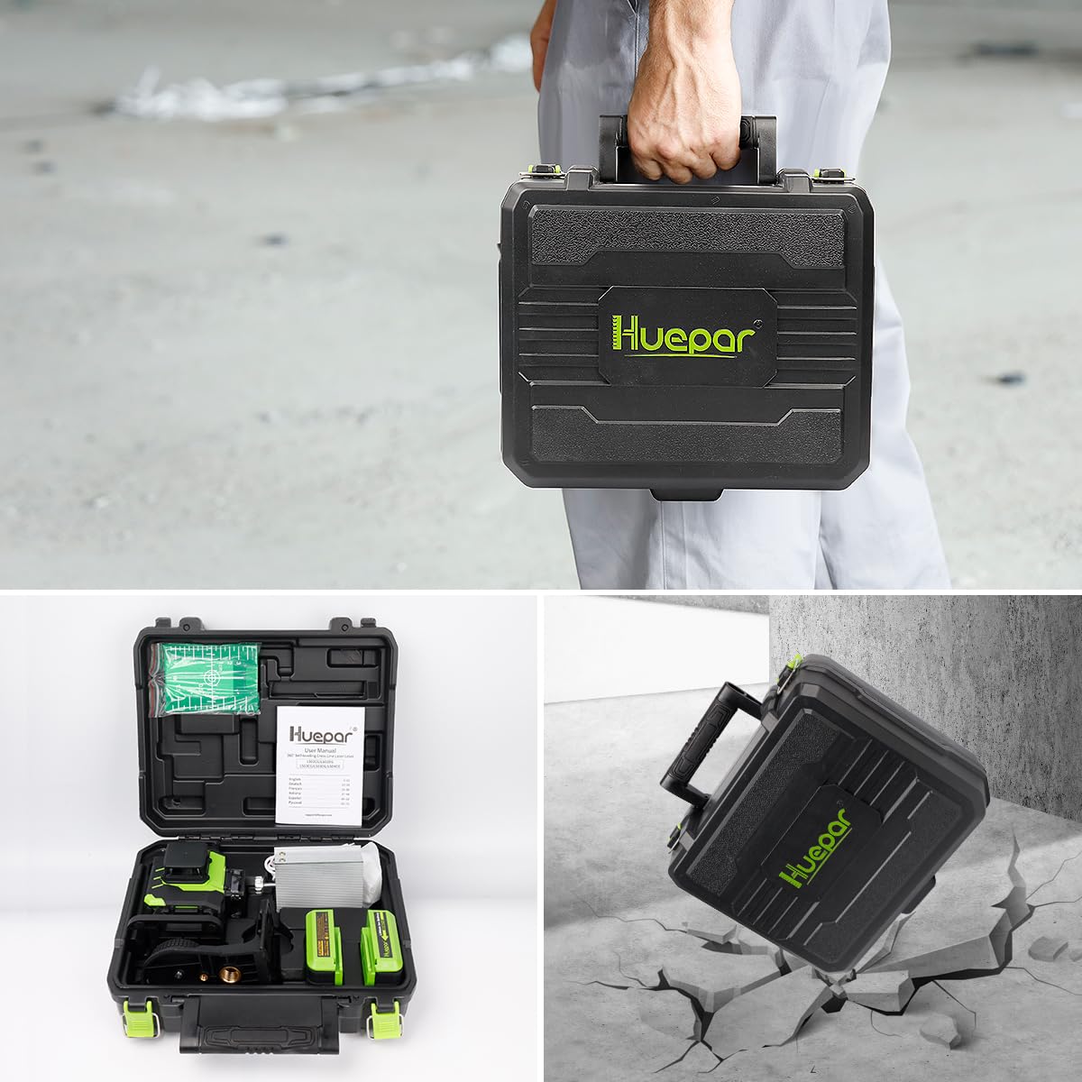 Huepar Laser Level, Self-leveling 16 Lines Green Beam 4D Cross Line Tiling Floor Laser Tool-2 x 360 Horizontal & 2 x 360 Vertical Laser Lines with Two Li-ion Batteries and Hard Carry Case-LS04CG - Medaid International