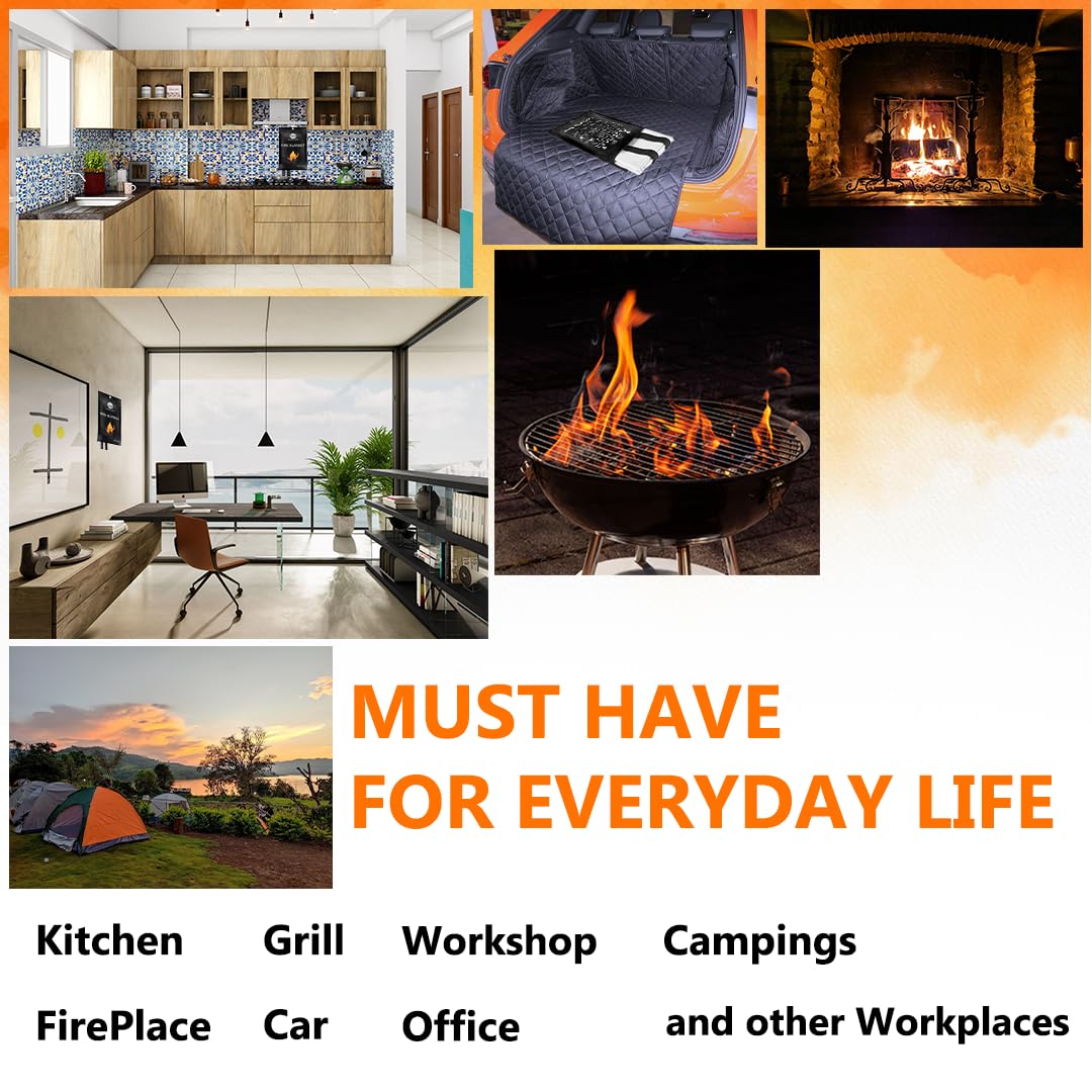 SAFECASTLE Emergency Fire Blanket 59"x59" Large Size, 2 Pack + 2 Hooks & 2 Gloves Fire Retardant Blanket with Fireproof Tabs for Home, Outdoor, Office, Car and Camping Fire Protection Survival Safety