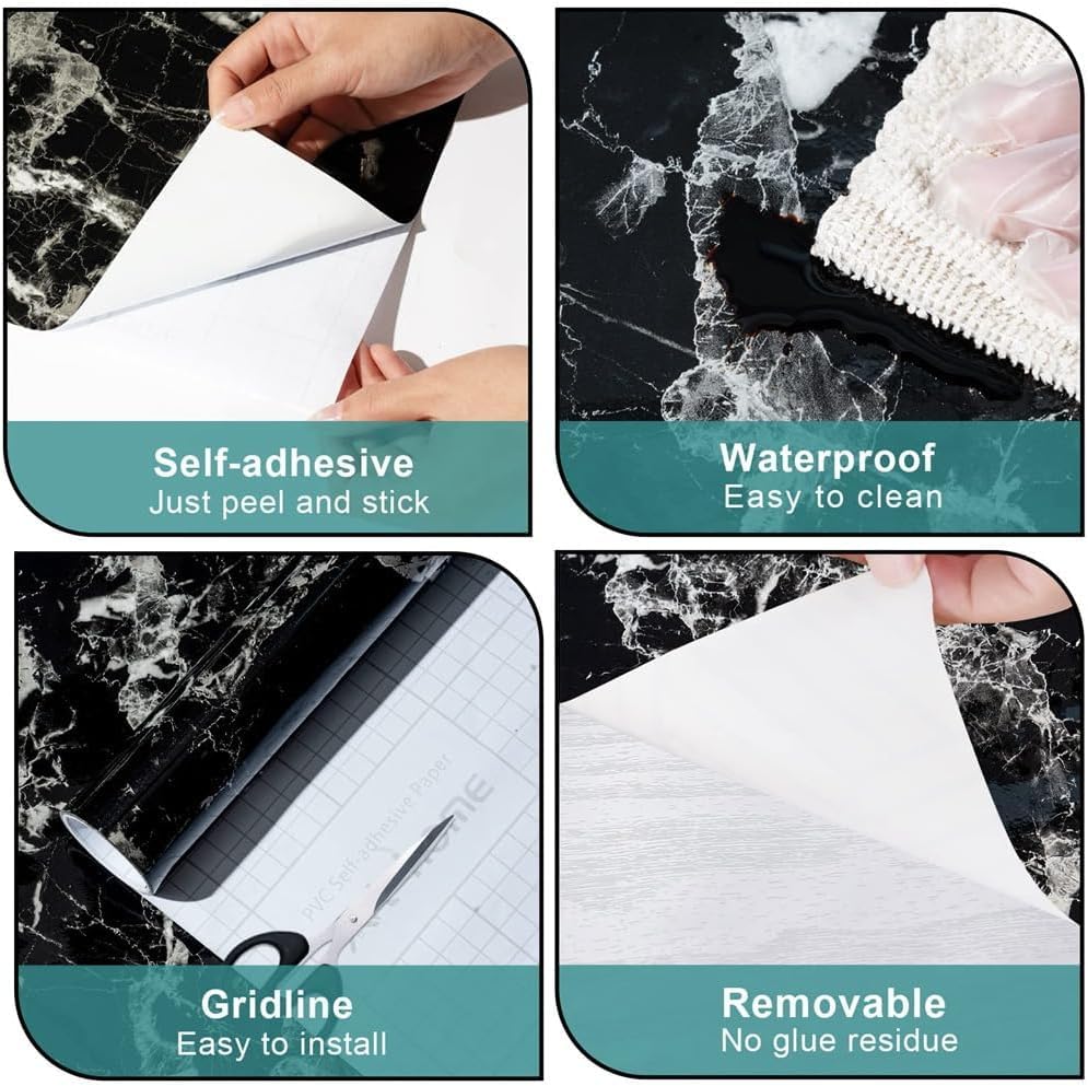 Arthome Black Marble Contact Paper, Peel and Stick Black Paper, Self Adhesive Wallpaper (Black Sliver, 15.7"x120") - Medaid International