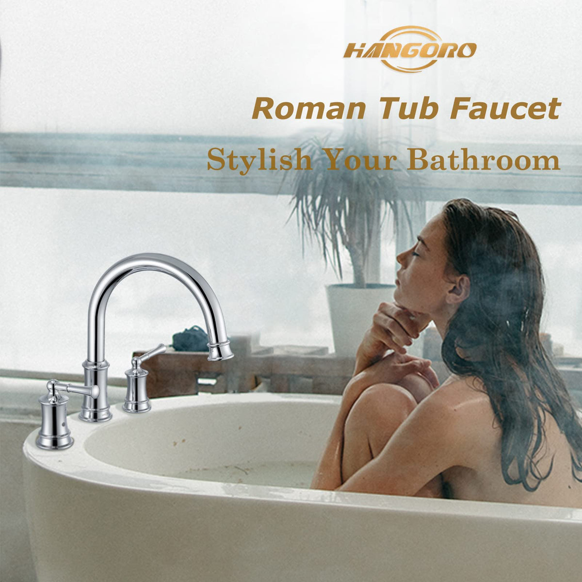 Bathtub Faucet, Deck Mount Antique Tub Faucet 2 Lever Handles, Widespread 3 Holes Brass Rough-in Tub Faucet, 360° Swivel Spout, High Flow Faucet for Bathroom, Chrome(B2307-CP)