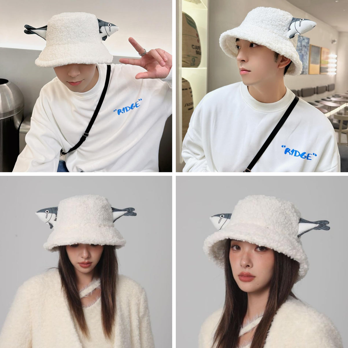 KASTWAVE Fuzzy Sherpa Bucket Hat for Men & Women, Funny Fish Design Teddy Style Winter Fisherman Cap, Warm & Cozy, Adjustable, White (Size M: 56-58cm)