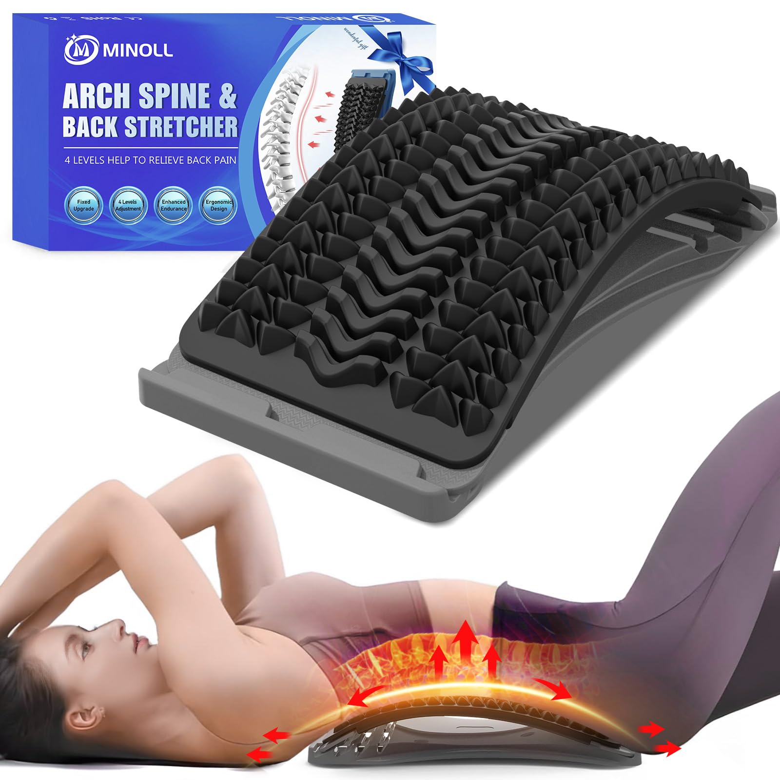 MINOLL Back Stretcher for Lower Back Pain Relief, 4 Level Adjustable Arch Lumbar Back Cracker Board, Back Cracking Device, Back Massager for Scoliosis, Spine Decompression Support - Grey - Medaid International