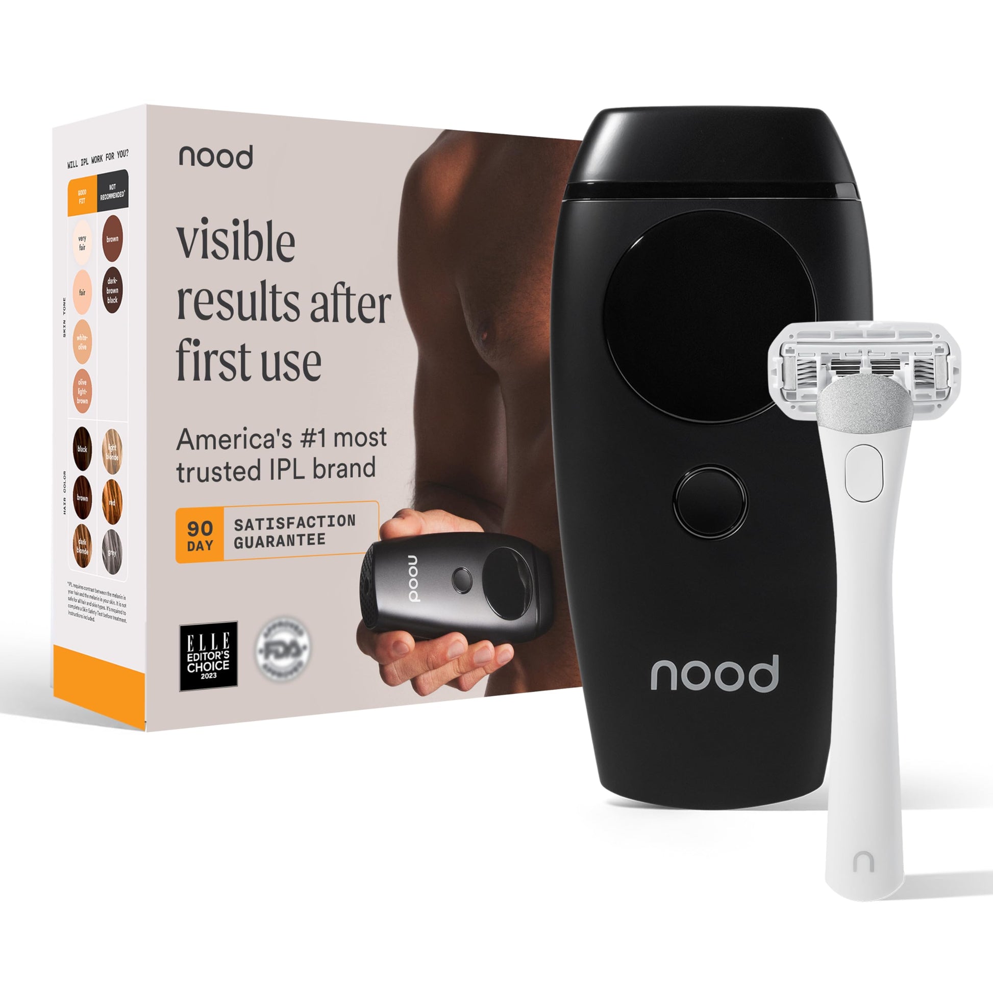 NEW Nood™ Flasher 2.0 + Shaving Starter Kit — IPL Laser Hair Removal Device for Women & Men with Refillable 5-Blade Razors — Pain-Free IPL Hair Removal Works Wherever Hair Grows — Matte Black - Medaid International