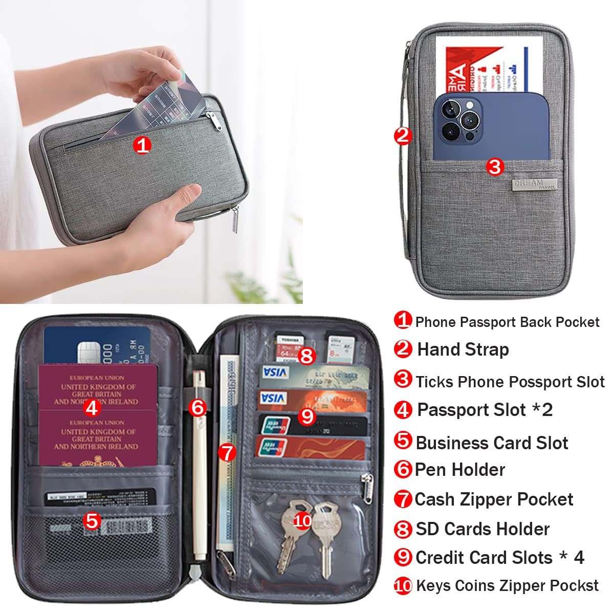 TERRIFI Passport Holder Travel Wallet, Family Travel Document Holders Organiser Wallet for Credit Cards Ticket IDs Keys Smartphone for Men Women, Pink