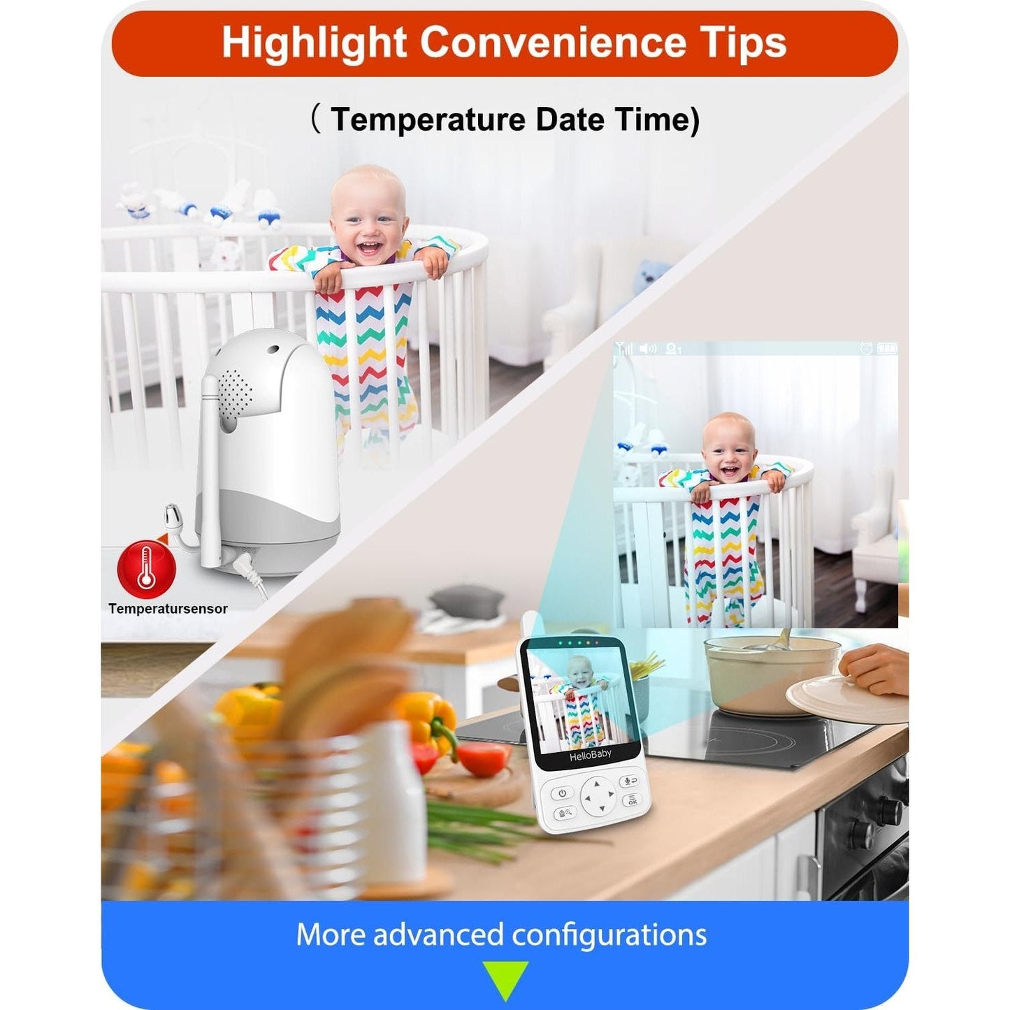 Hello Baby 4.00 No Wi-Fi Baby Monitor with Night Vision Portable for Nursery and Travel
