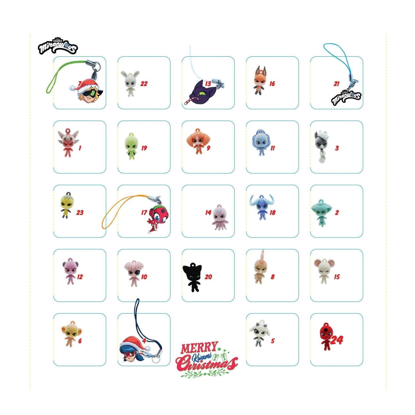 Miraculous Ladybug Ultimate Advent Kwami Calendar - 24 Days of Miniature Kwamis & EVA Seasonal Charms - Christmas Countdown Calendar with Hooks & Ribbons, Festive Collectible Toys for Kids Holiday Joy - Medaid International