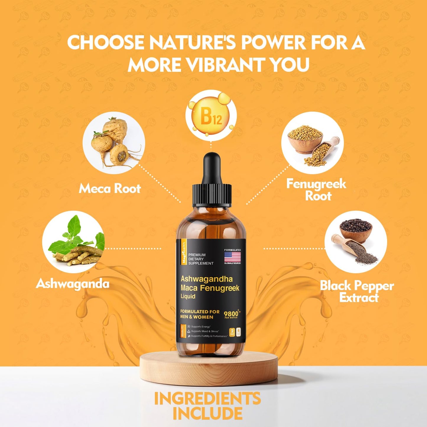 Maca Root Liquid Drops with Ashwagandha and Fenugreek - 60 Day Servings - Focus, Energy and Performance - Liquid Multivitamin for Women and Men - Adapto Drive, Vegan Drops - Medaid International