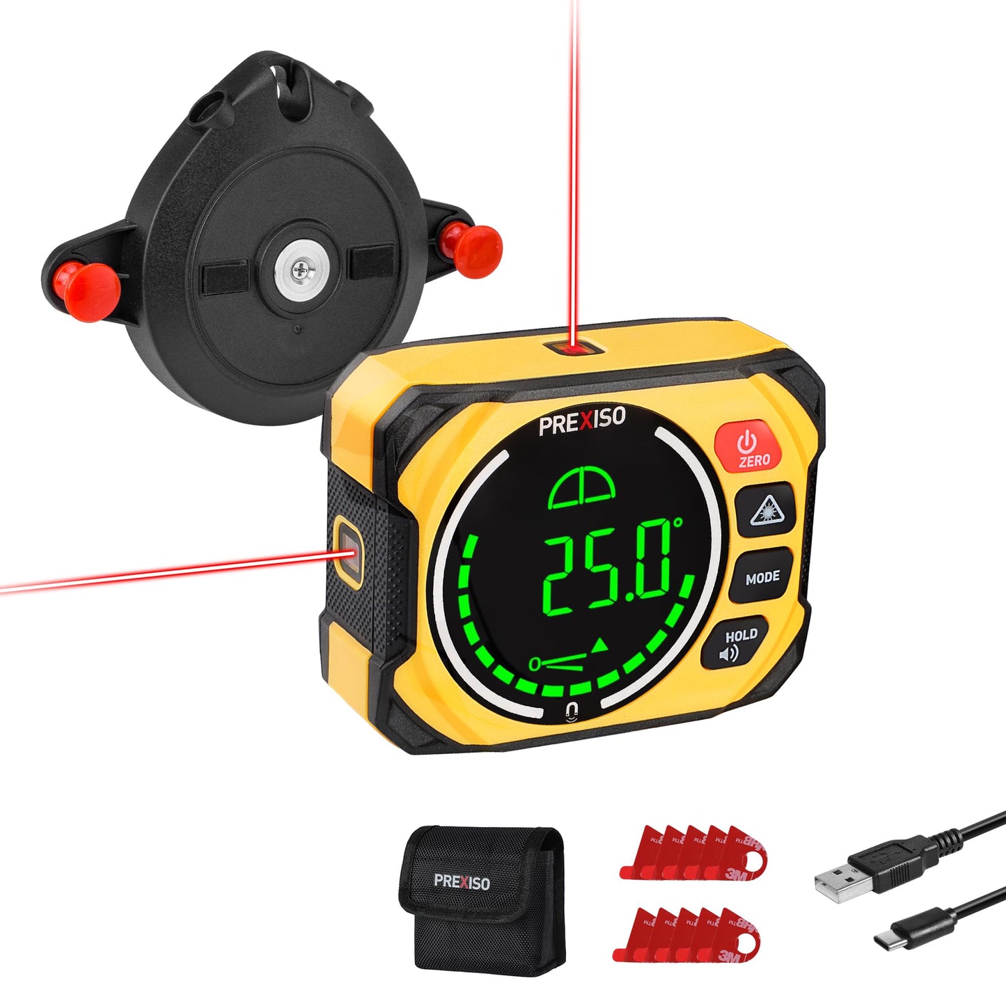 PREXISO 3-in-1 Multi Surface Laser Level with Digital Angle Gauge Magnetic, Rechargeable Digital Level with Wall Mount Base, 0-90° & 0-180°, Angle Finder Cross Line for Woodwork, Saw, Hanging Frames - Medaid International