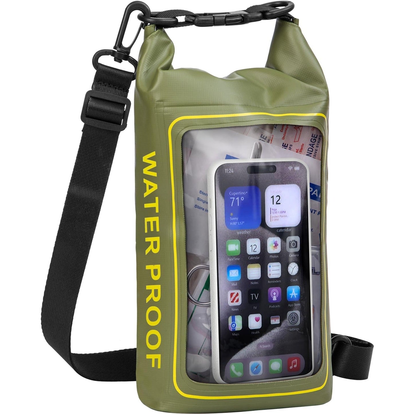 GPUSFAK 154 Pieces Waterproof Boat First Aid Kit Dry Bag with Cell Phone Bug Out Bags Pouch Roll Top Boat Emergency Kit 2-in-1 for Camping Fishing Kayaking Swimming Rafting ArmyGreen
