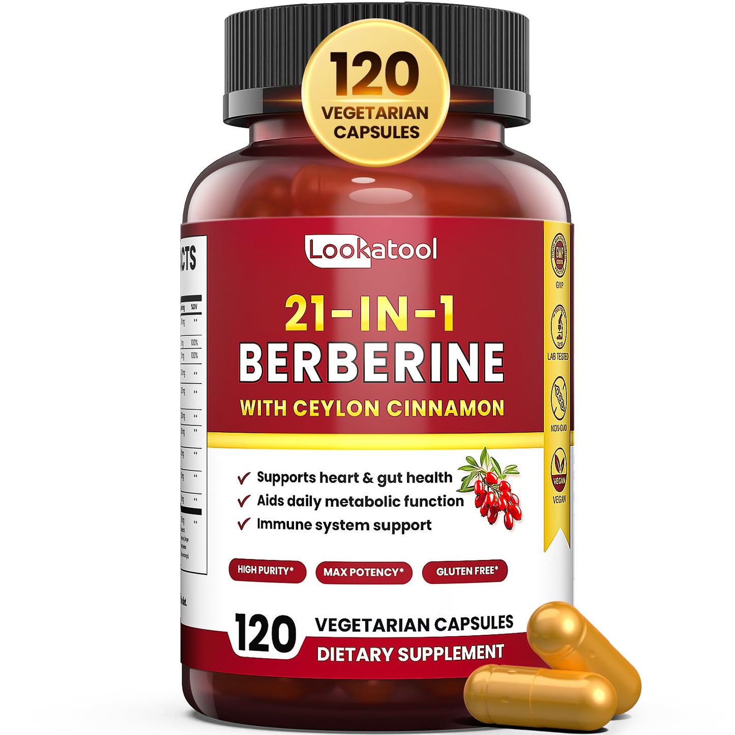Lookatool 21-in-1 Berberine Supplement with Ceylon Cinnamon - Organic Berberine HCL Phytosome, 5X Higher Absorption for Metabolism Support 120 Capsules - Medaid International