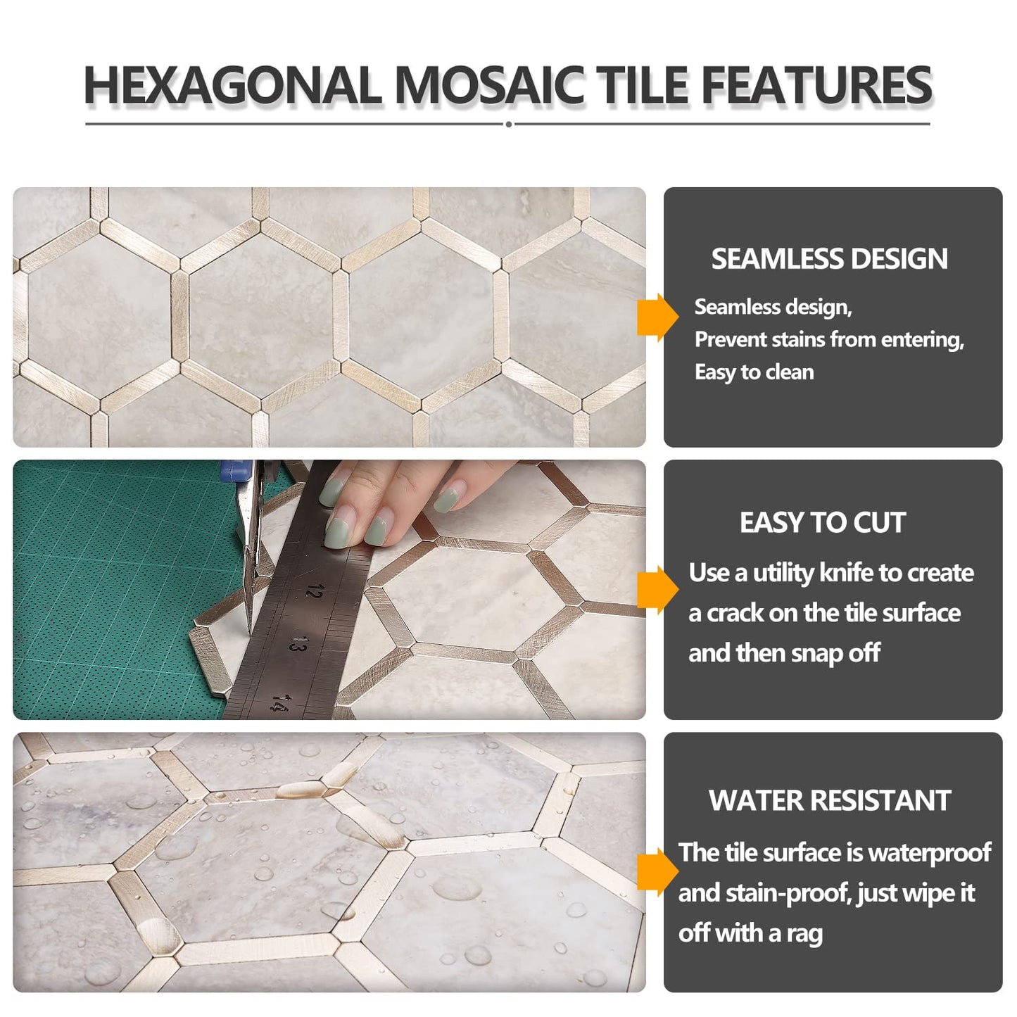STICKGOO Hexagon Peel and Stick Backsplash Tile, Stick on Backsplash for Kitchen and Bathroom, Beige Marble Look PVC Mixed Metal Gold Self Adhesive Wall Tiles(Sample, Seamless) - Medaid International