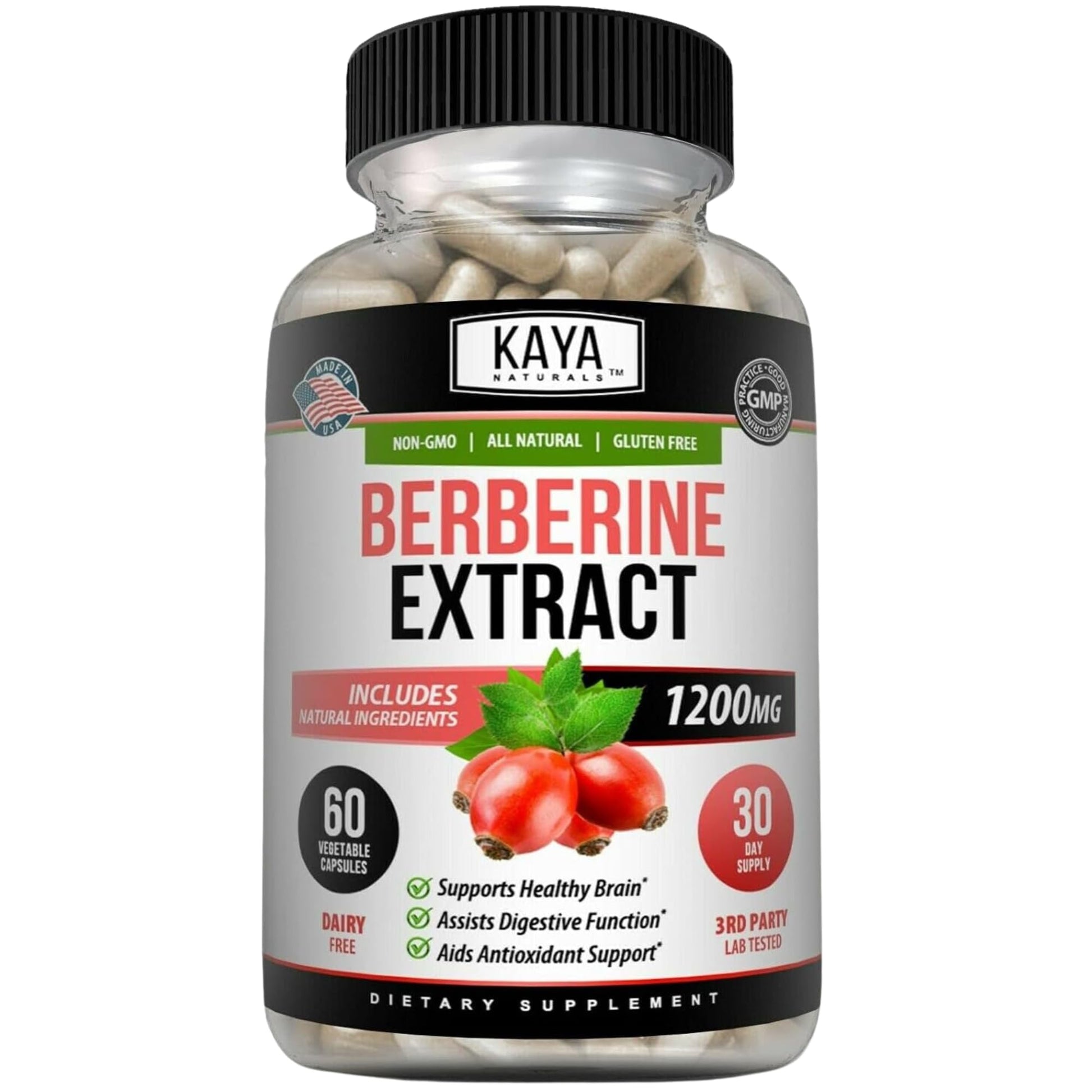 Kaya Naturals Berberine HCL Extract 1200mg - Immune System - Gluco Levels - Gut Health (Vegetarian, Non-GMO & Gluten-Free) Berberine Supplement (60 Count (Pack of 1) - Medaid International