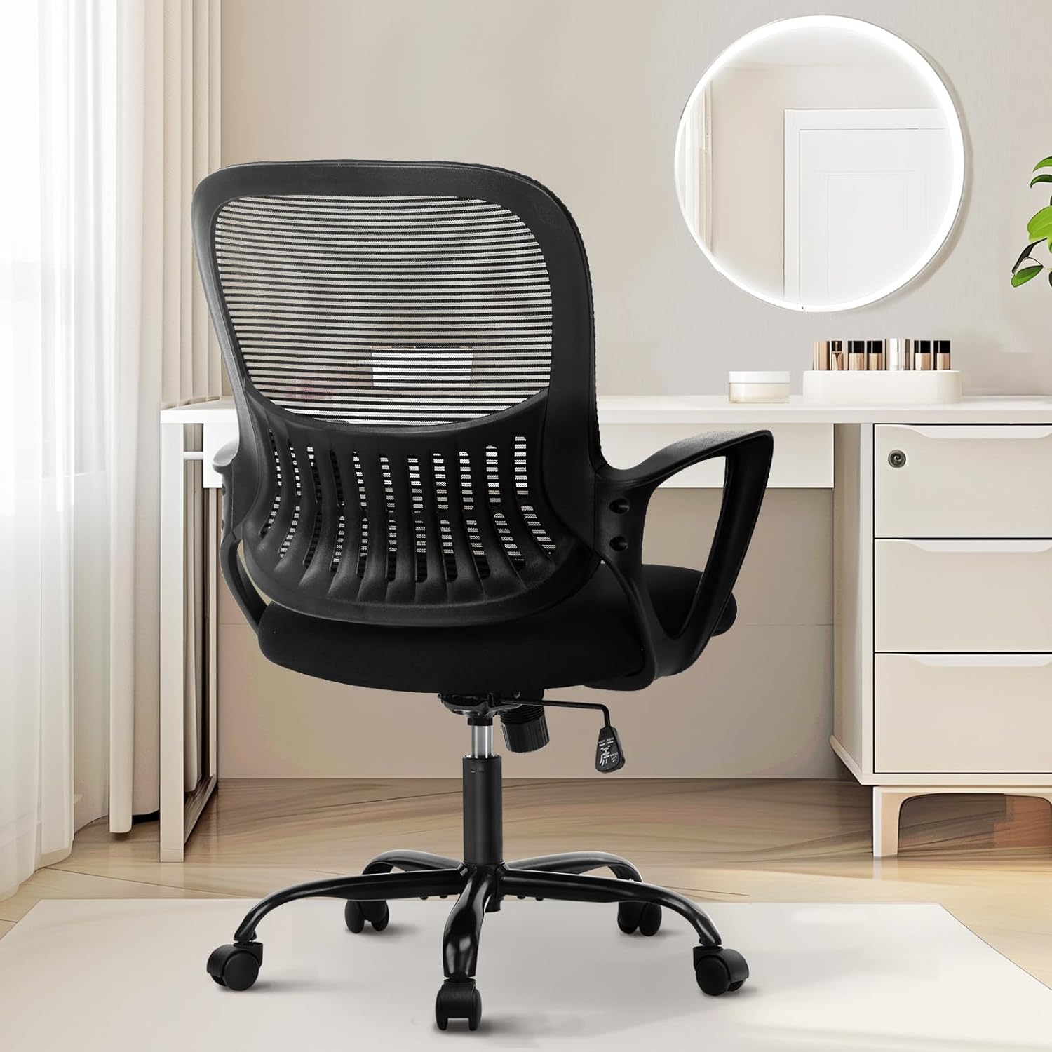 Sweetcrispy Office Computer Desk Managerial Executive Chair, Ergonomic Mid-Back Mesh Rolling Work Swivel Chairs with Wheels, Comfortable Lumbar Support, Comfy Arms for Home,Bedroom,Study,Student,Black - Medaid International