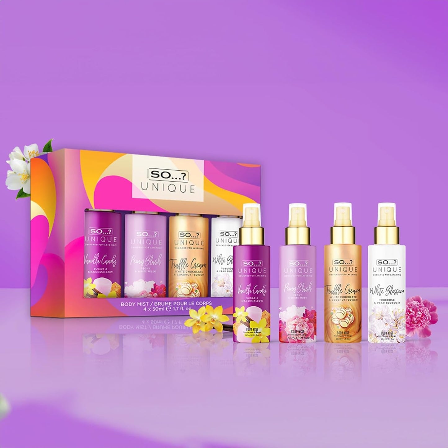 So…? Unique Mini Mist Womens Gift Set with Vanilla Candy, Sweet Pea, Truffle Cream, & Cashmere, Body Mist Fragrance Spray Set (4 x 50ml.) - Medaid International