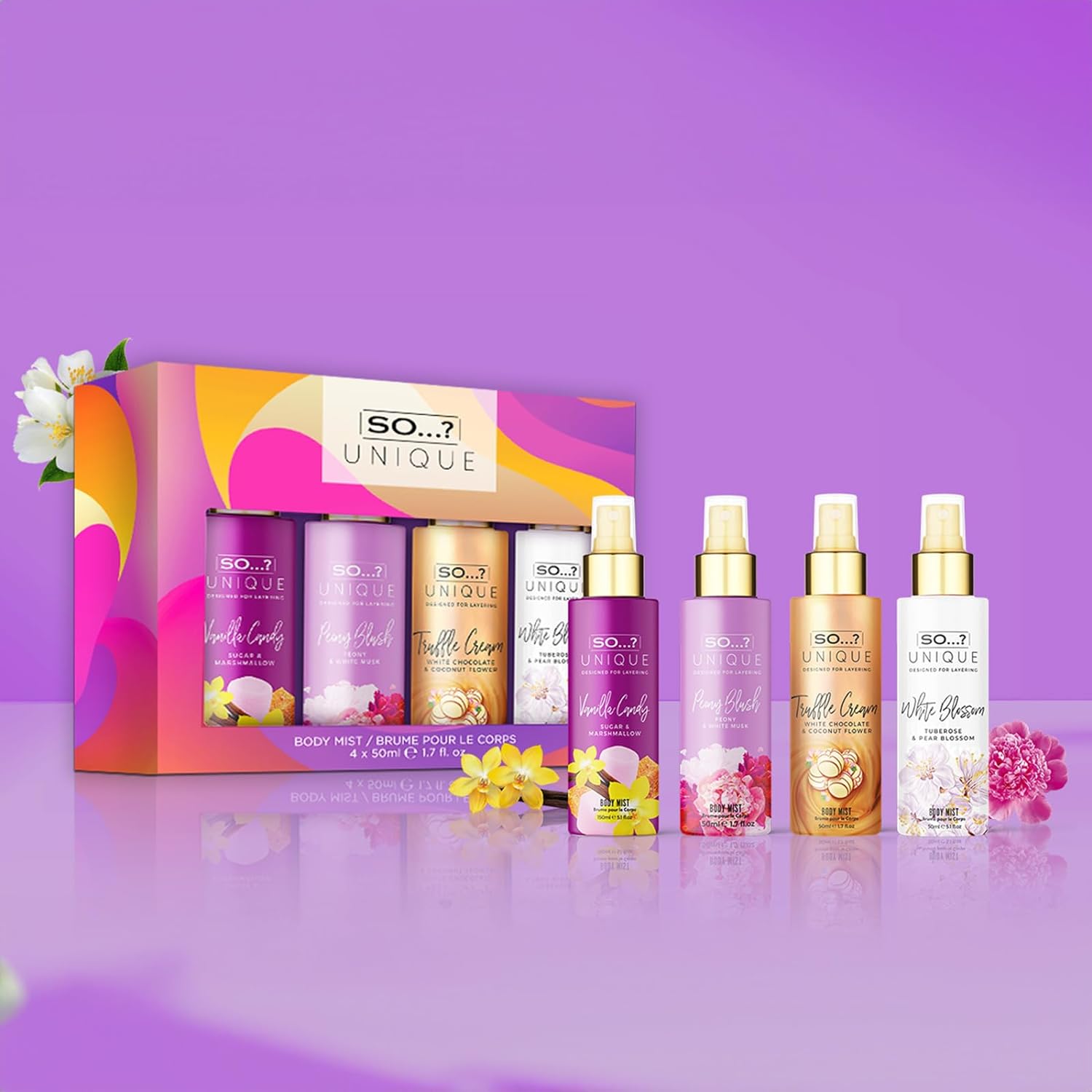 So…? Unique Mini Mist Womens Gift Set with Vanilla Candy, Sweet Pea, Truffle Cream, & Cashmere, Body Mist Fragrance Spray Set (4 x 50ml.) - Medaid International