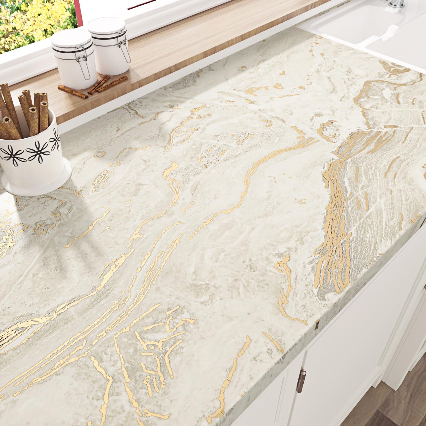 WESTICK Matte Beige/Gold Marble Conatct Paper for Countertops Waterproof Granite Contact Paper Self Adhesive Removable Golden Marble Peel and Stick Wallpaper for Tables Counter Cabinets 15.8" x 80" - Medaid International