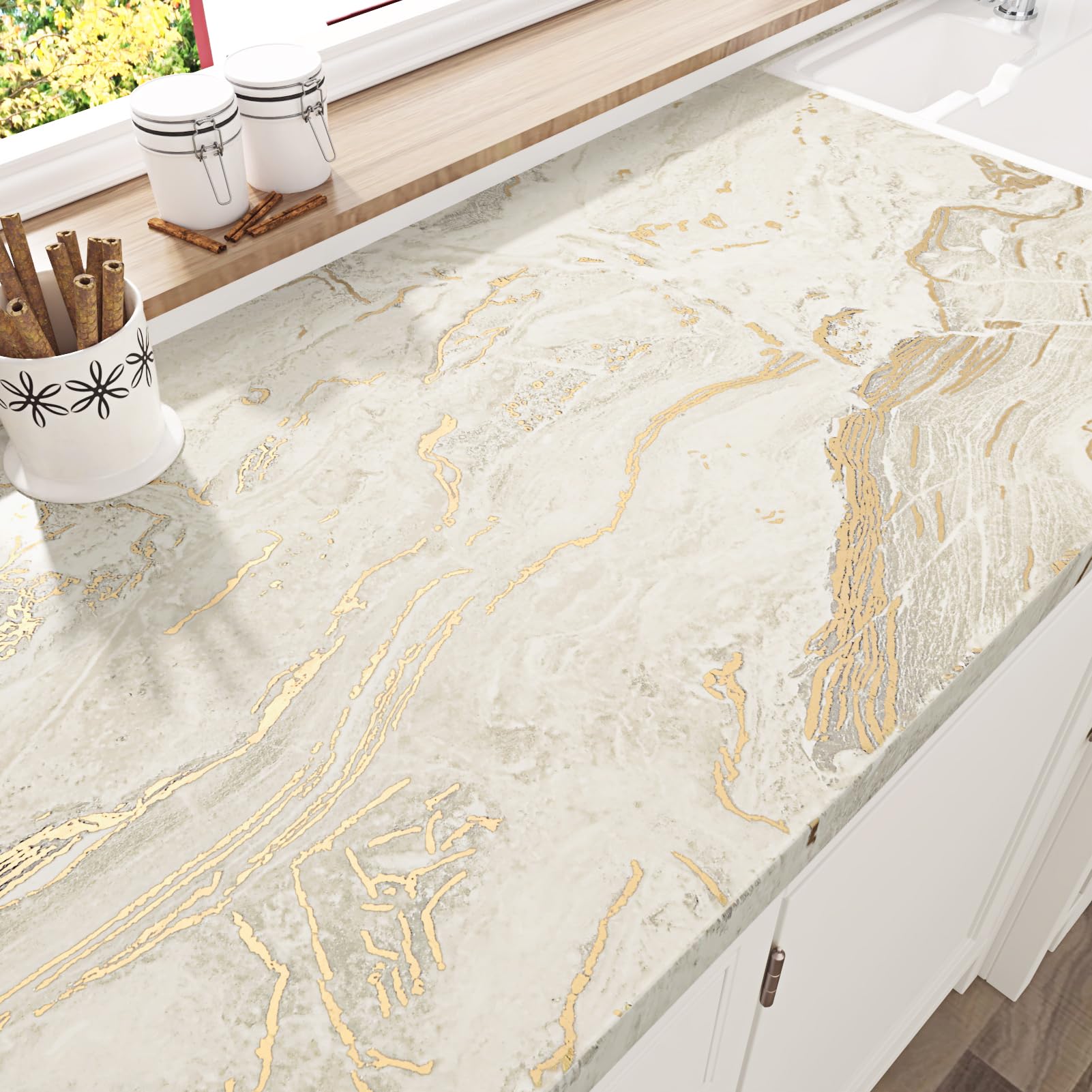 WESTICK Matte Beige/Gold Marble Conatct Paper for Countertops Waterproof Granite Contact Paper Self Adhesive Removable Golden Marble Peel and Stick Wallpaper for Tables Counter Cabinets 15.8" x 80" - Medaid International