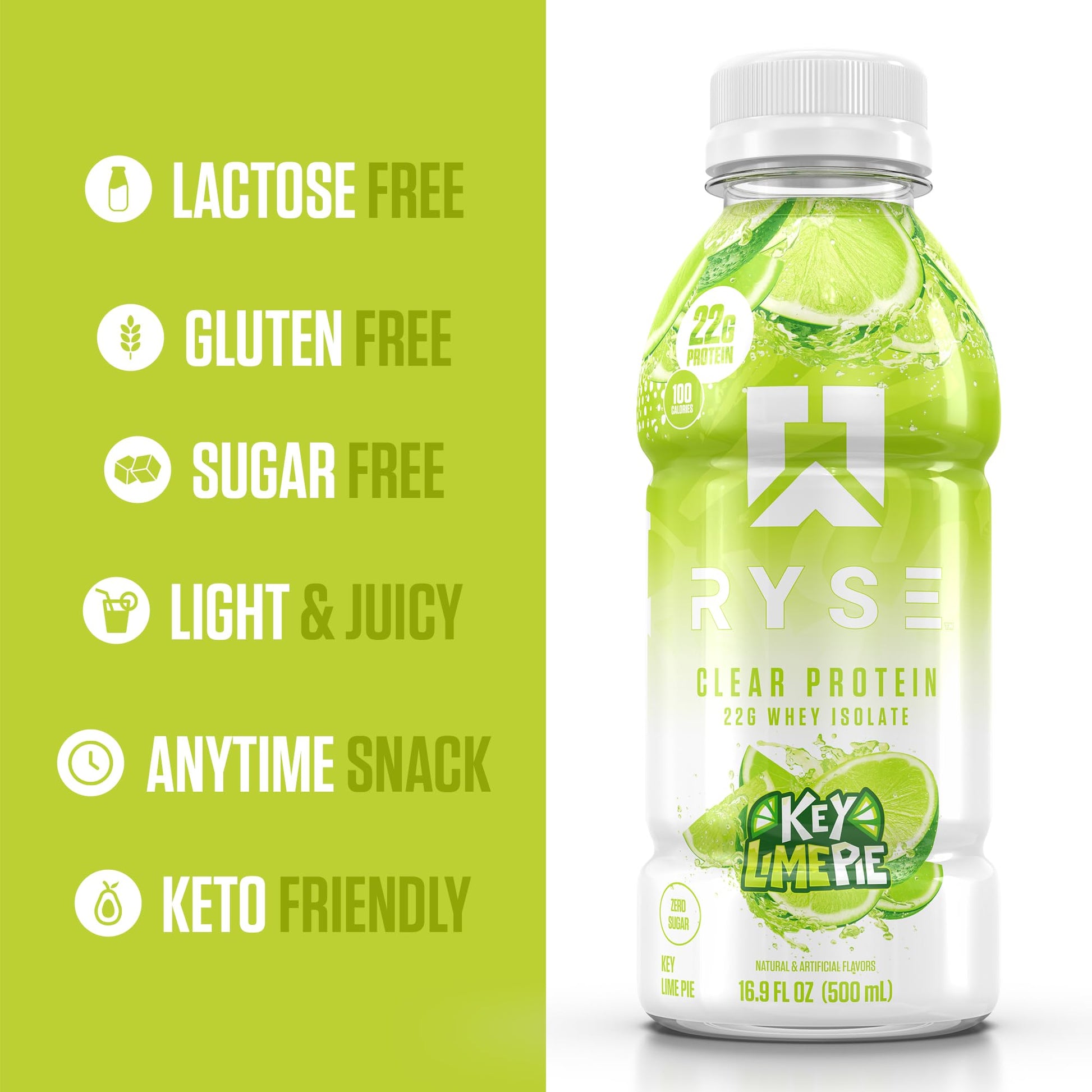 RYSE Clear Protein Drink - Key Lime Pie - 100 Calories, 22g Whey Isolate Protein Shake, Sugar-Free, 0g Fat & Lactose-Free - Refreshing Ready-to-Drink Beverage - 16.9 fl oz Bottles (12-Pack) - Medaid International