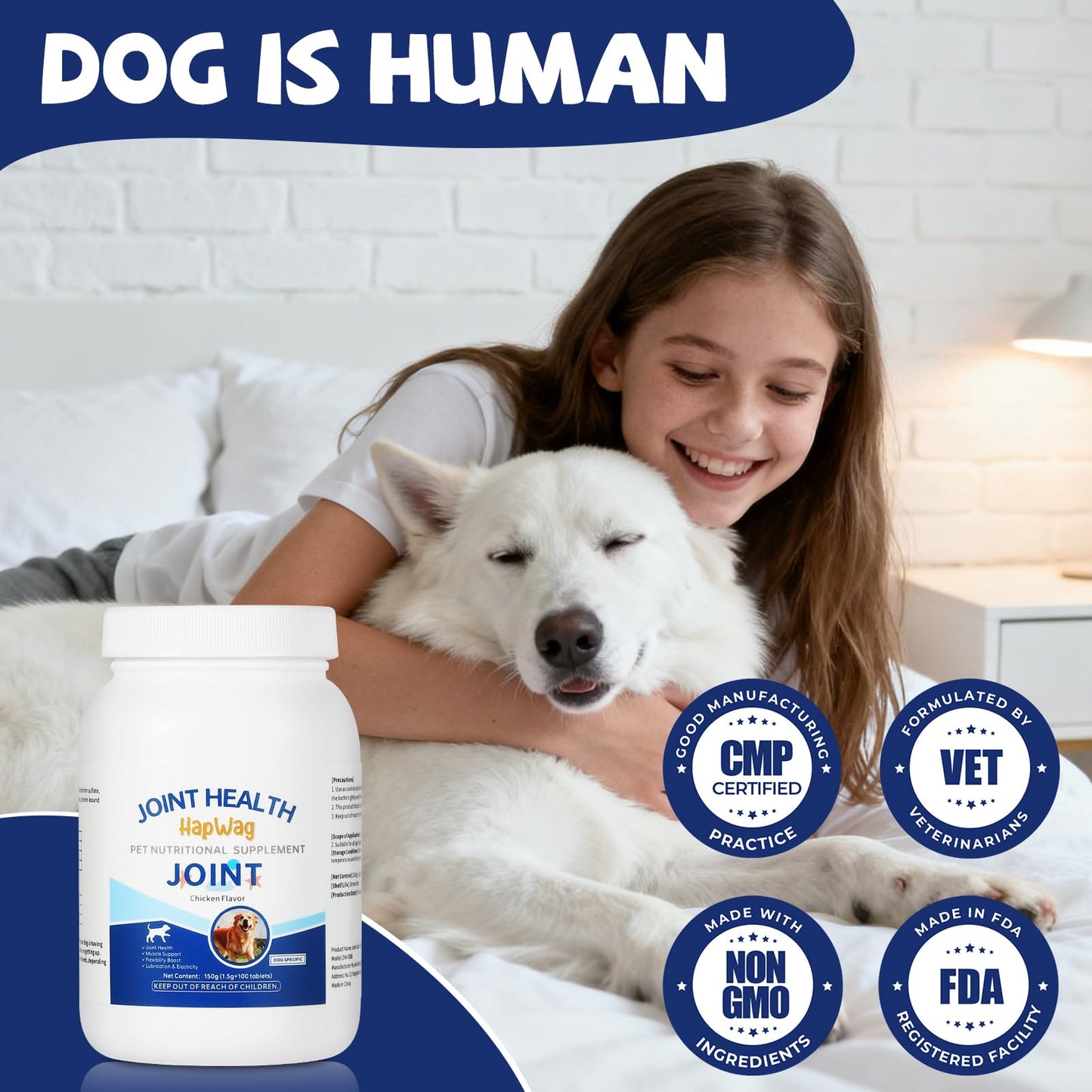 HAPWAG Hip and Joint Care Supplement with Glucosamine, Chondroitin, MSM for All Breeds and Ages Dogs - Chicken Flavor - 100 Chews