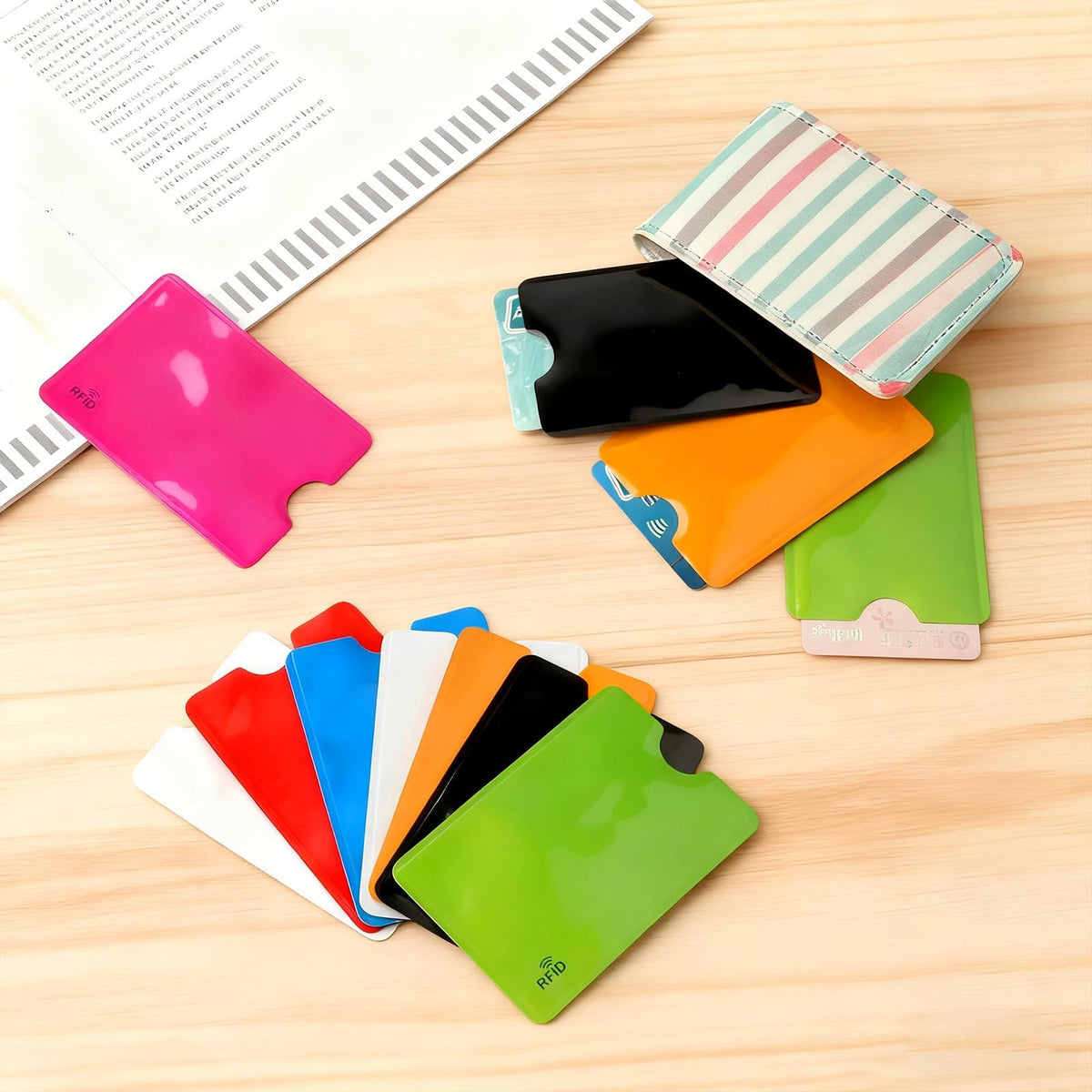 24 Pcs RFID Blocking Sleeves, Multicolor 8 colors Credit Card Protector Holders, Identity Theft Protection Secure Sleeve Set, Waterproof Aluminum Foil Slim ID Card Cover, Easily into Wallet Purse