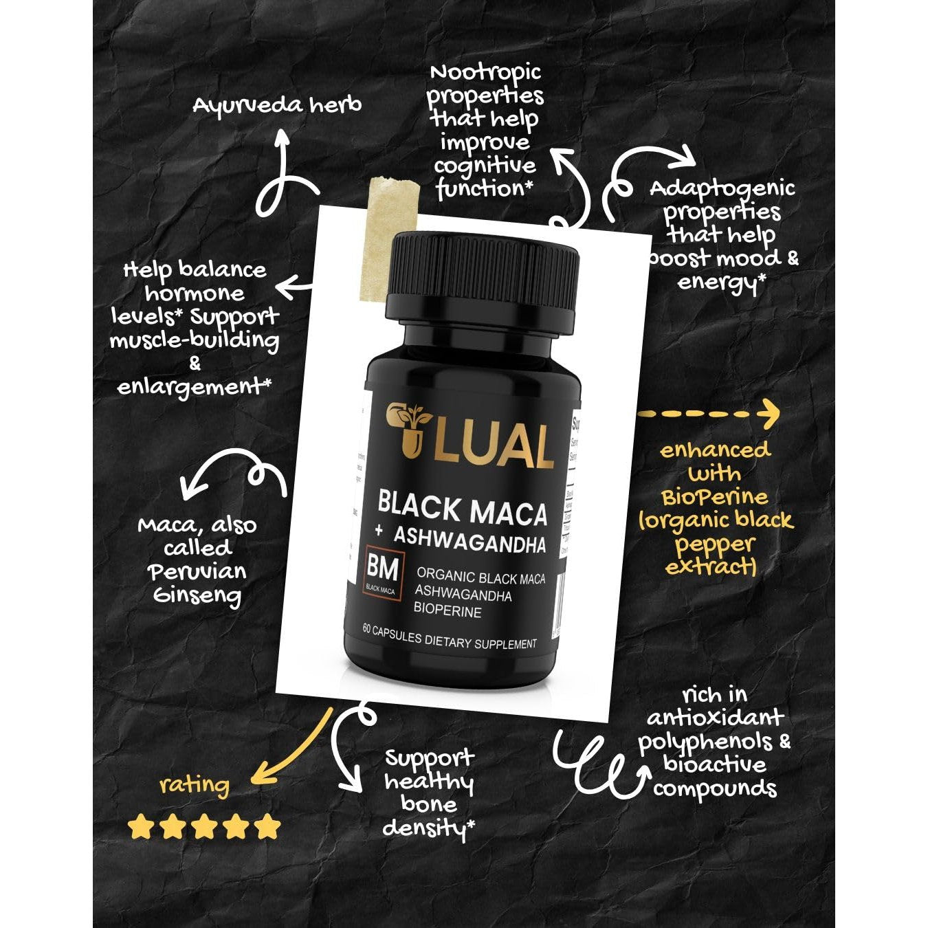 LUAL 30,000mg 30x Strength Organic Black Maca Root with Ashwagandha - Highest Potency Black Maca Root Capsules for Men - 100% Pure Maca Peruana Powder Organic, Gelatinized, Non-GMO - 60 Pills - Medaid International