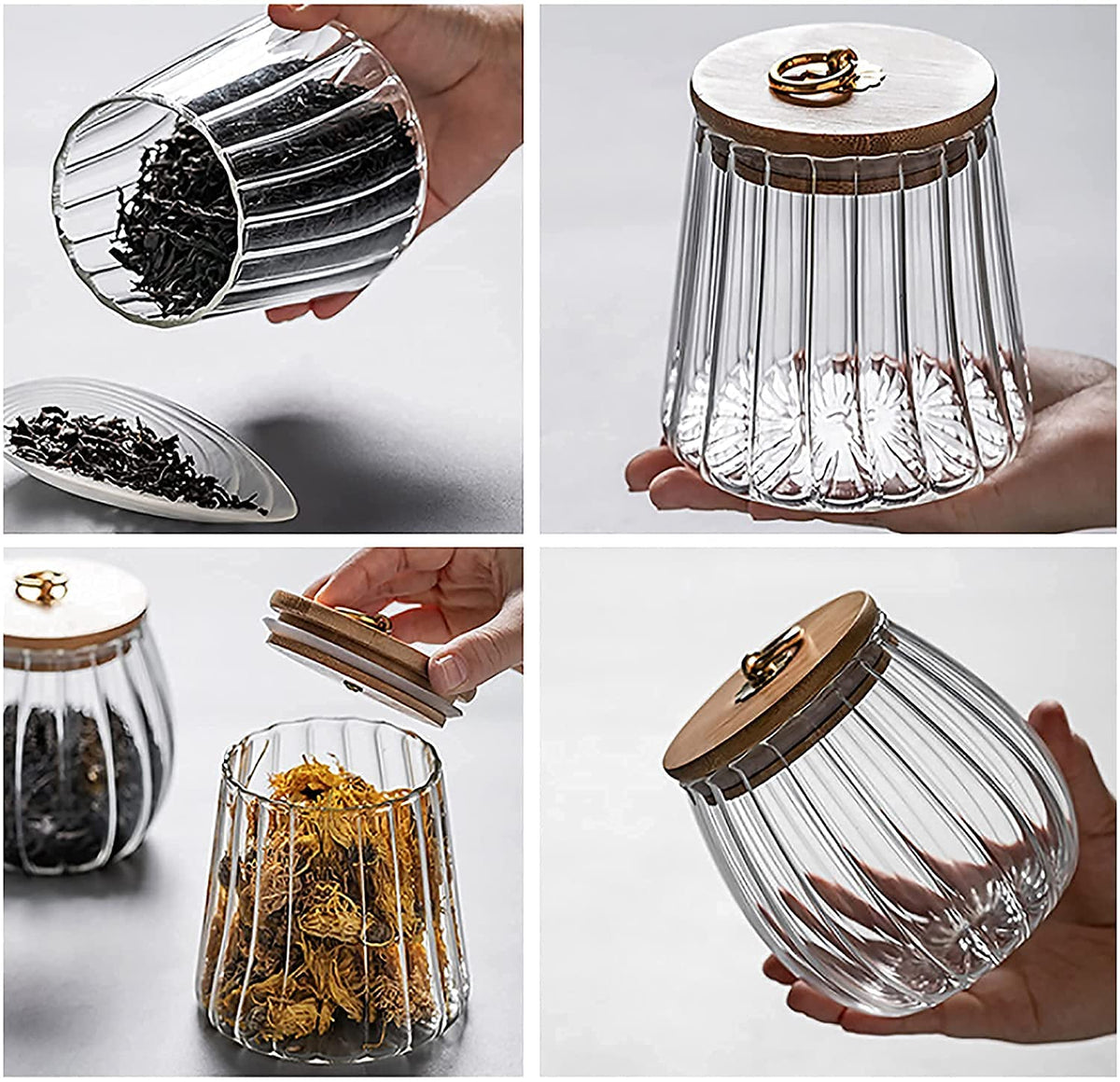 KASTWAVE Glass Coffee Nuts Canister Airtight Storage Jar Petal Decorative Container with Bamboo Lid Metal Handle Easy to Grasp 700ml (23oz)