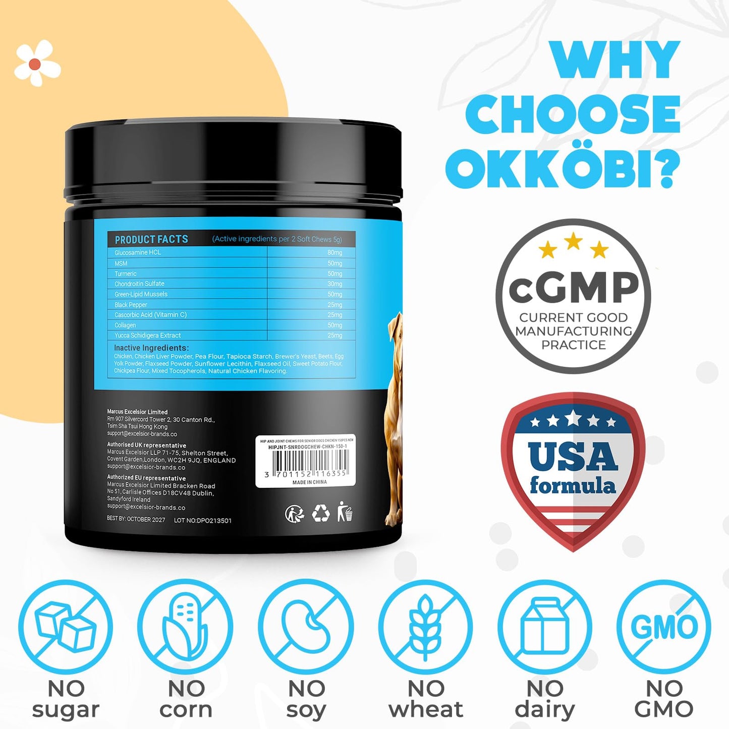 OKKÖBI Glucosamine HCL & Hip and Joint Chews for Dogs - 150 pcs - Advanced Hip and Joint Support for Senior Dogs - with MSM & Green Lipped Mussel - Chicken