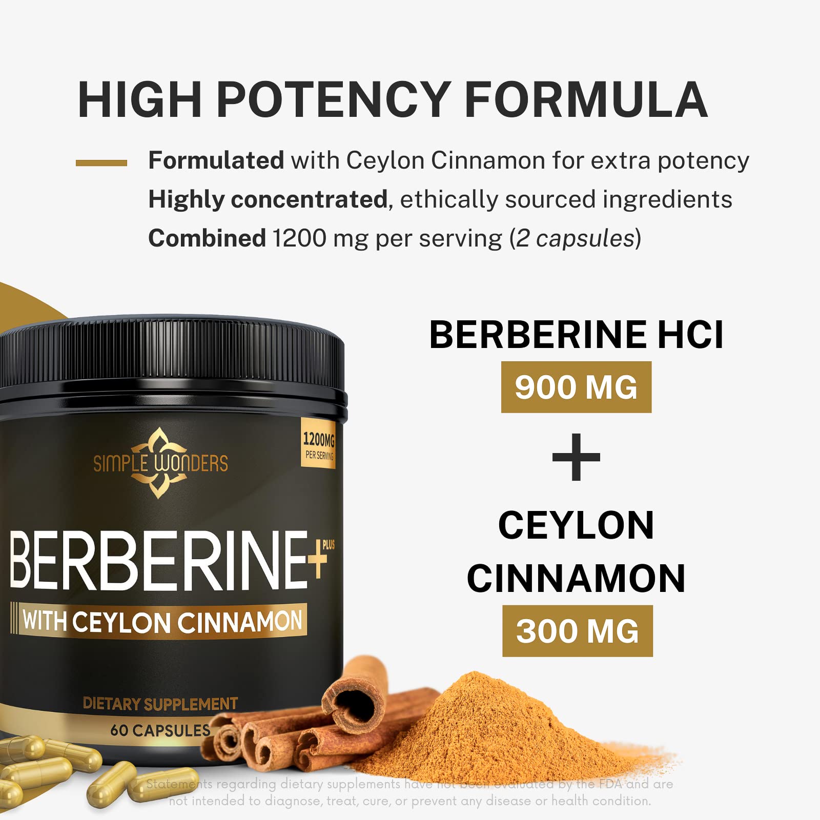Berberine 1200mg HCL Plus Ceylon Cinnamon Capsules - Metabolic & Immune Support Berberine Supplement, AMPK Metabolic Activator Complex, Cardiovascular Support - Berberine HCL 1200 mg Capsules - Medaid International