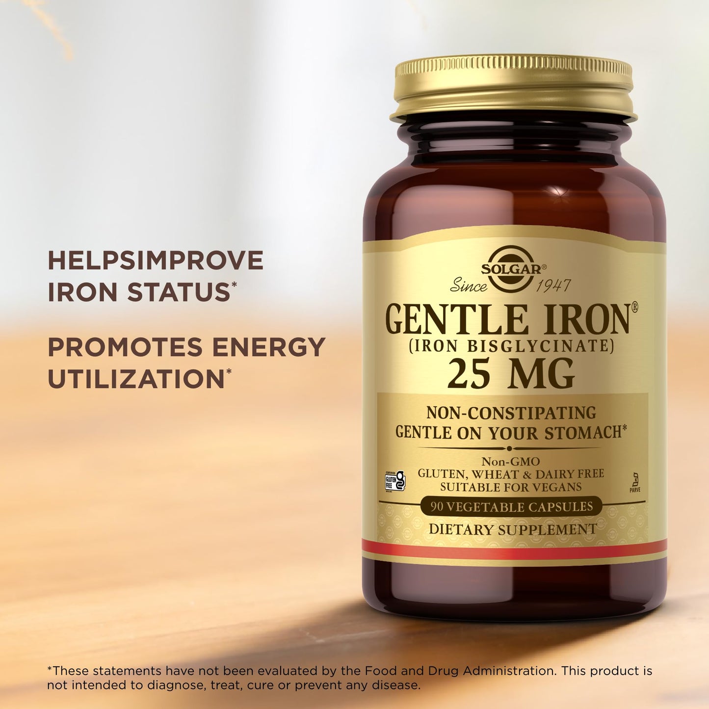 Solgar Gentle Iron (Iron Bisglycinate) 25 mg - 90 Vegetable Capsules - Non-Constipating, Gentle on Your Stomach - Gluten Free - 90 Servings - Medaid International