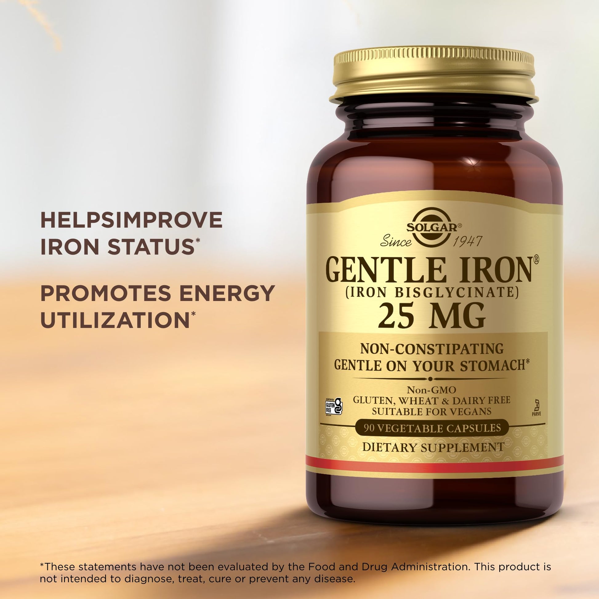 Solgar Gentle Iron (Iron Bisglycinate) 25 mg - 90 Vegetable Capsules - Non-Constipating, Gentle on Your Stomach - Gluten Free - 90 Servings - Medaid International