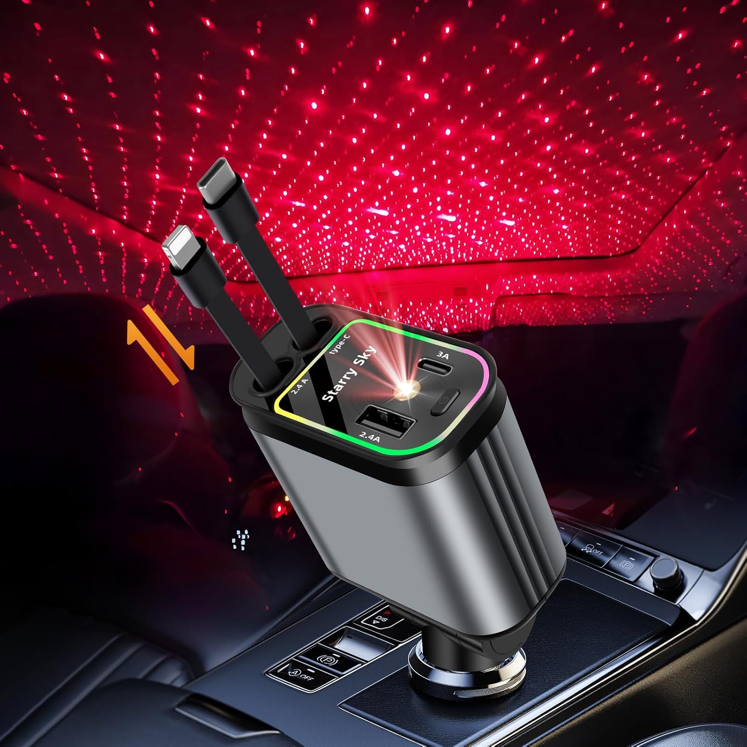 4-in-1 - Retractable Car Charger with Starry Light 120 Watt Fast Charger IOS and Android