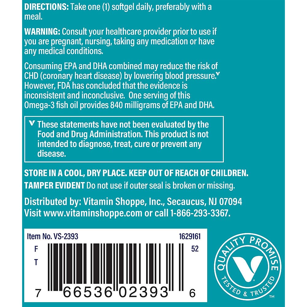 The Vitamin Shoppe Omega 3 Fish Oil 1100mg, EPA 600mg & DHA 240mg, Purity Assured, Molecularly Distilled to Support Cardiovascular, Joint and Brain Health (60 Softgels) - Medaid International