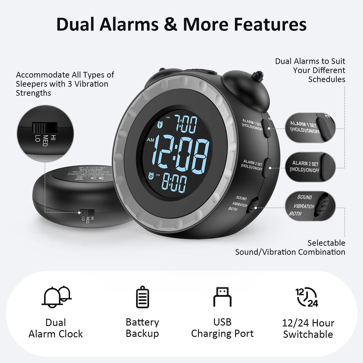 TERRIFI Loud Dual Alarm Clock with Bed Shaker, 0-100% Dimmer, Vibrating Alarm for Heavy Sleepers or Hearing Impaired, Easy to Set with USB Charging Port, Snooze Function, and Battery Backup