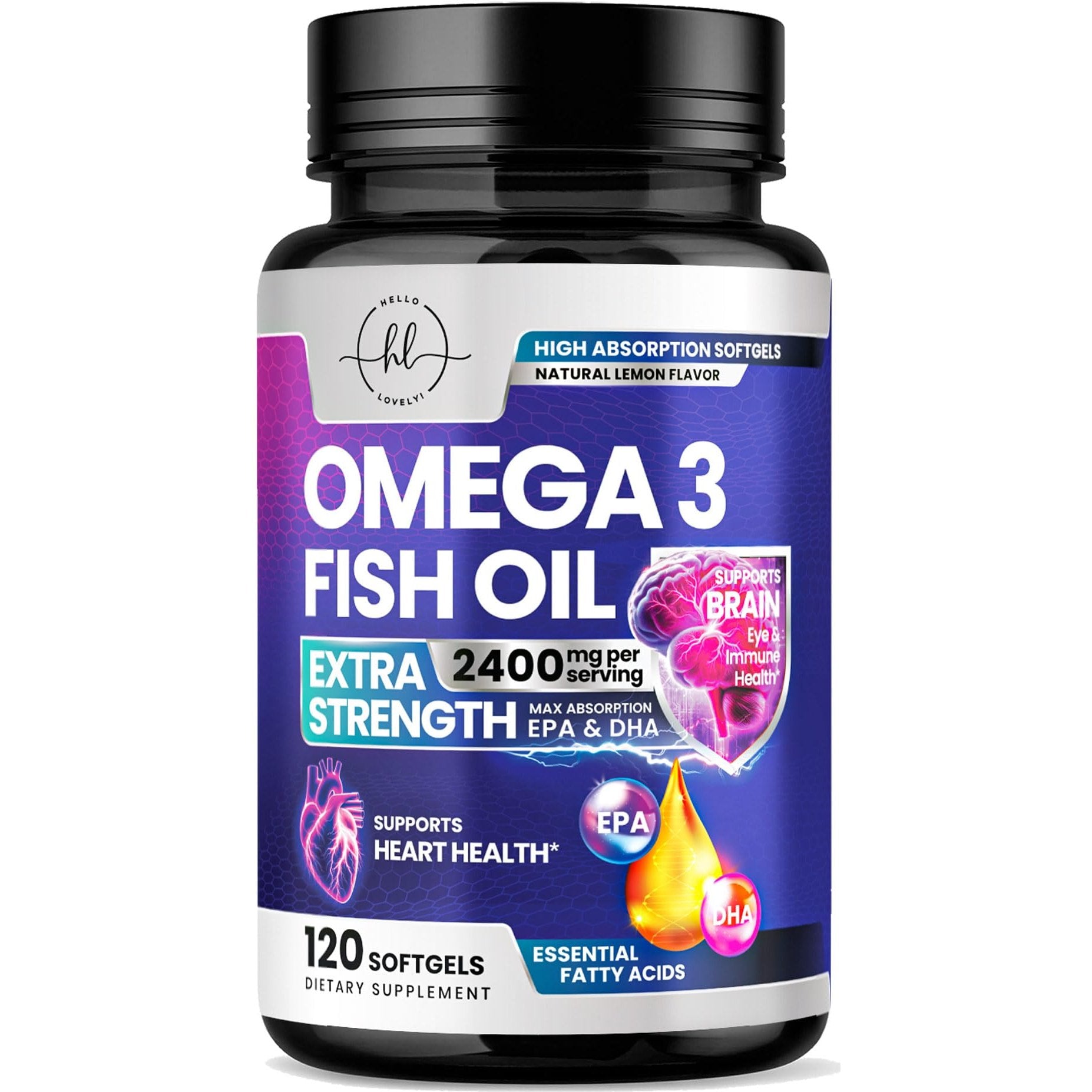 Omega 3 Fish Oil Supplements 2400mg - Triple Strength Omega 3 Fatty Acids, Natural Heart Health Brain & Joint Support - Fatty Acids with EPA & DHA - Wild Caught Fish Oil Supplement - 120 Softgels - Medaid International