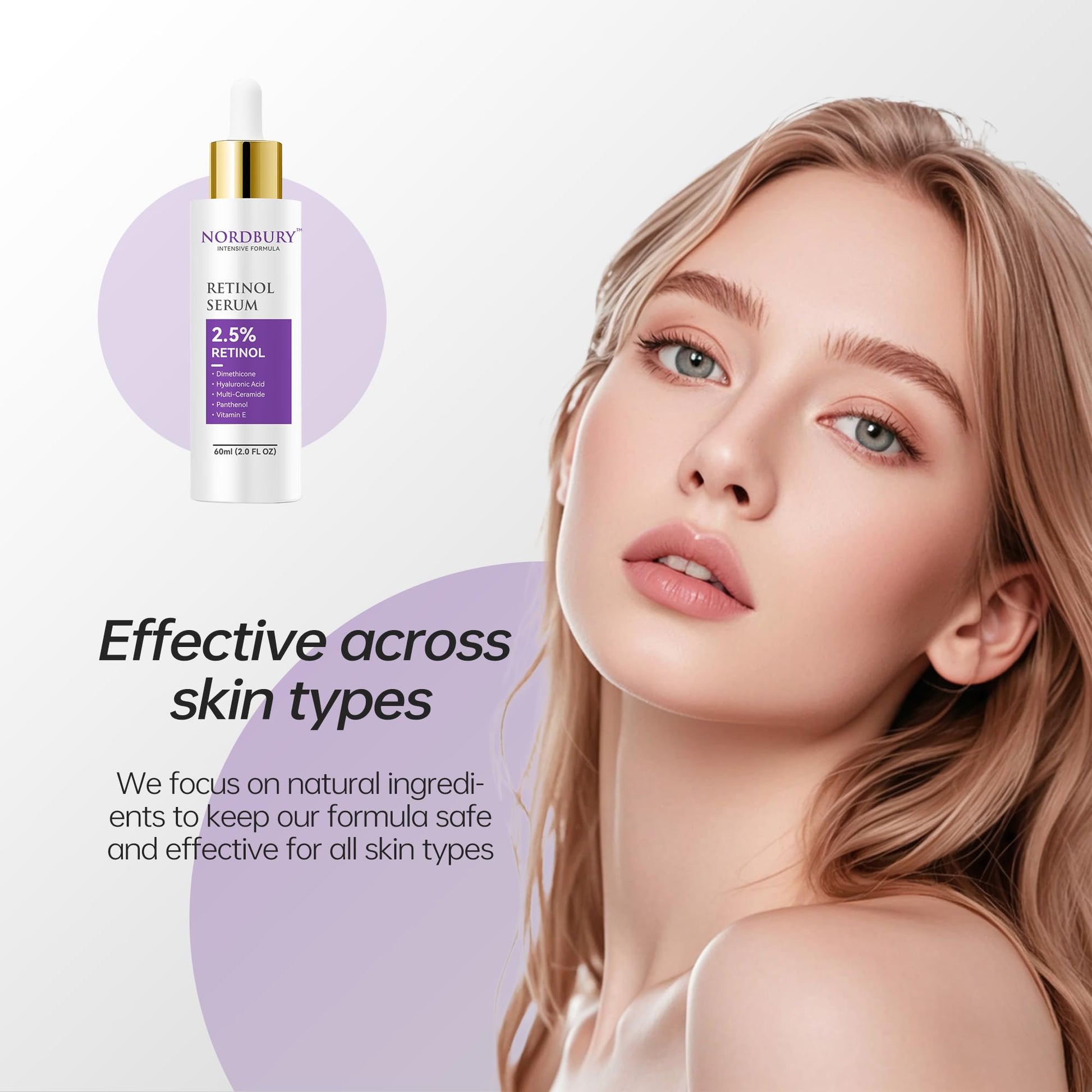 NORDBURY Retinol Serum, 2.5% Retinol with Vitamin E Ceramide Hyaluronic Acid & Organic Aloe Vera, Smooth Fine Lines Reduce Wrinkles and Improve Texture Skin Renewal Actively Night & Day, 60ml - Medaid International
