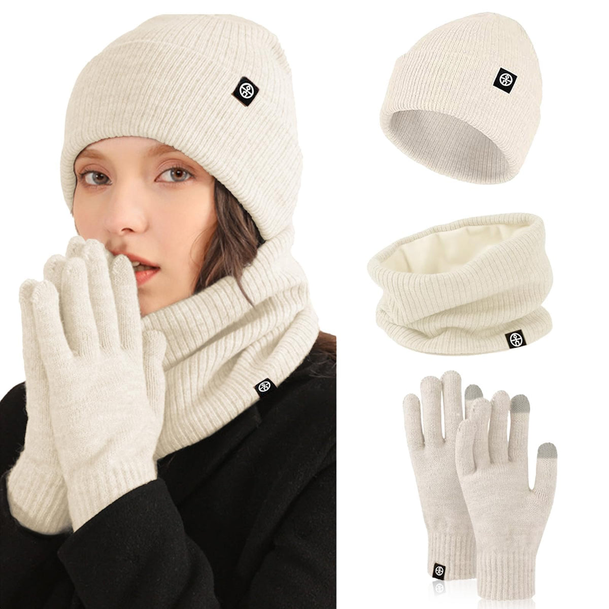 KASTWAVE 3PCS Winter Warm Hat Scarf Gloves Set, Beanie Warm Cotton Scarves, Winter Beanie Hat Scarf Gloves Set For Women Men
