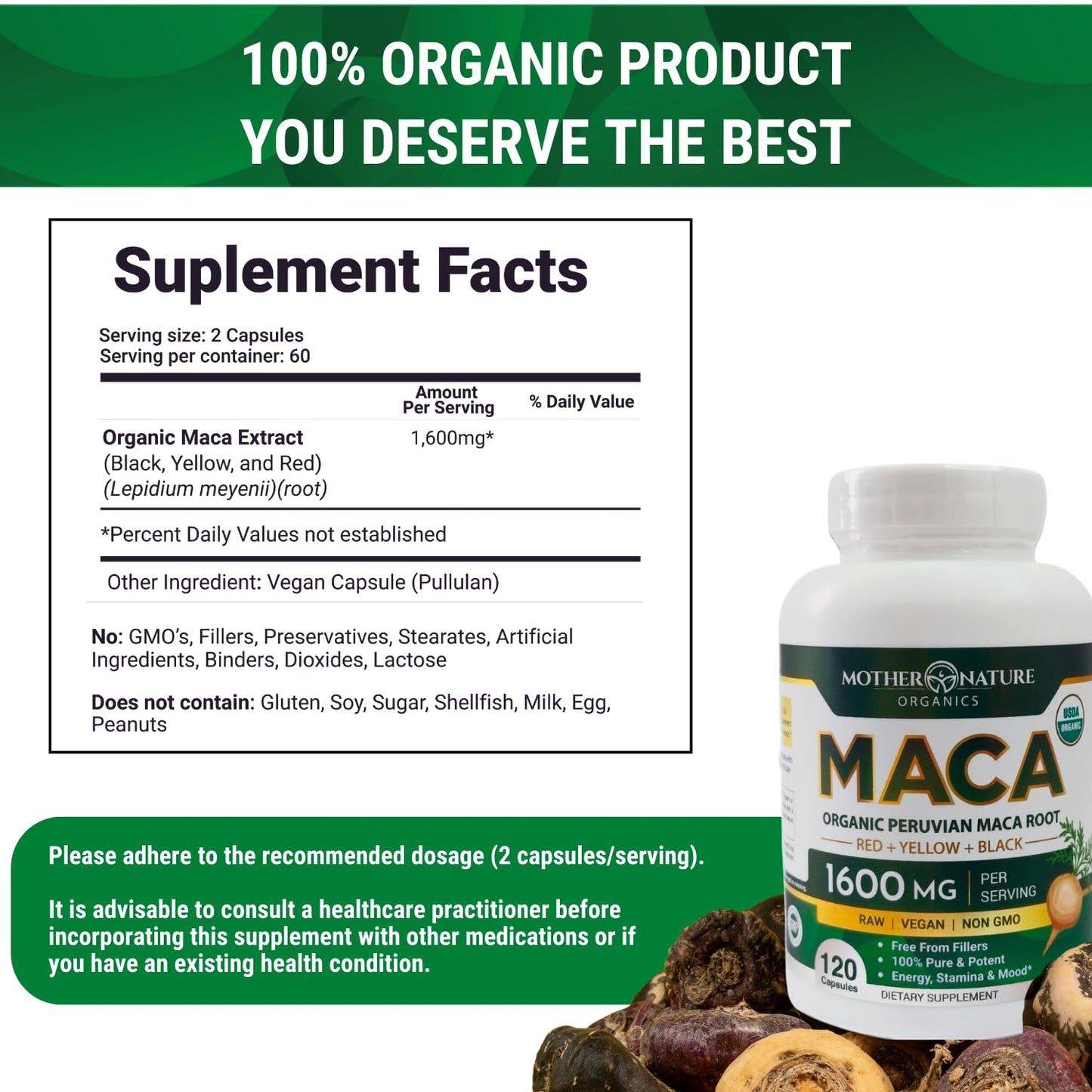 Mother Nature Organic Maca Root Capsules – 1600mg, 120 Vegan Capsules – Non GMO Peruvian Yellow, Red & Black Maca for Men & Women - Energy, Hormone, Brain & Weight Well-Being - Medaid International