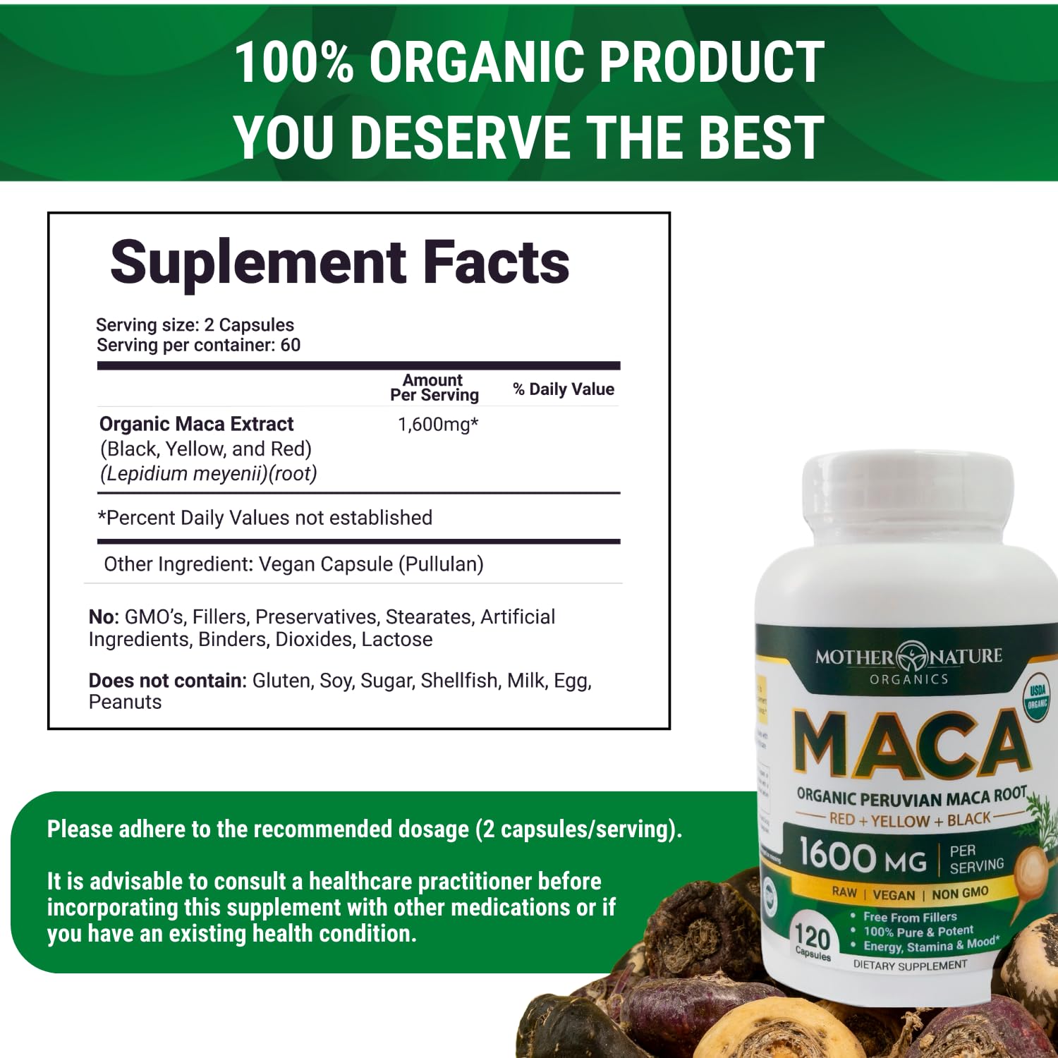 Mother Nature Organic Maca Root Capsules – 1600mg, 120 Vegan Capsules – Non GMO Peruvian Yellow, Red & Black Maca for Men & Women - Energy, Hormone, Brain & Weight Well-Being - Medaid International