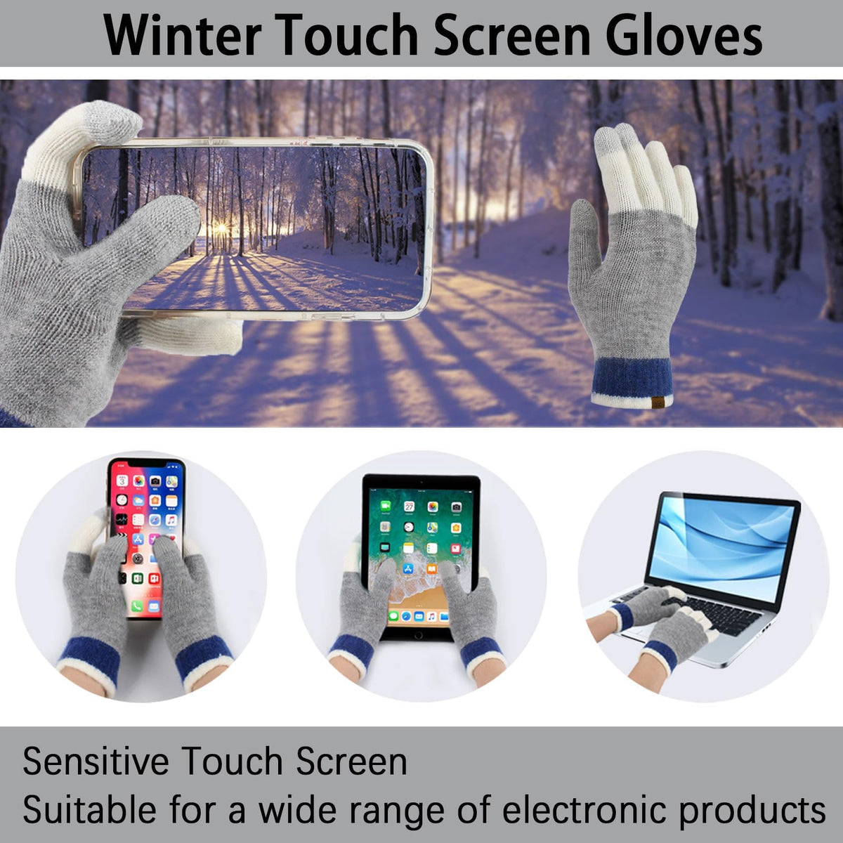 TERRIFI Winter Beanie Hat Scarf and Touchscreen Gloves Set for Women Thermal Fleece Lined 3 Piece Knit Set for Cold Weather Long Thick Scarf and Elastic Skull Cap with Pom-Pom Gray and Blue