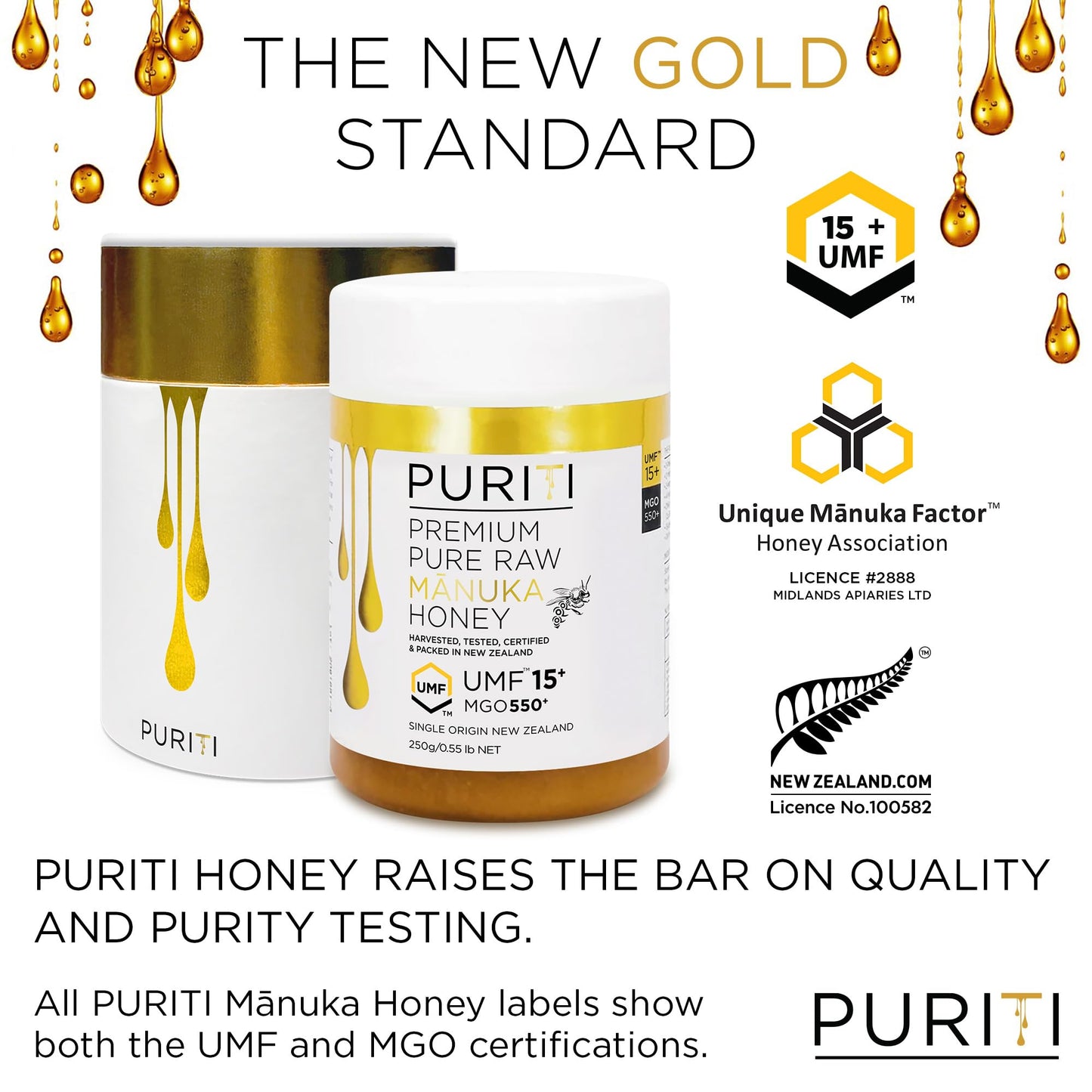 PURITI Manuka Honey MGO 550+ / UMF 15+ | 100% Pure Genuine Raw Manuka Honey | 8.8 Oz / 250g | Harvested, Tested, Certified and Packed in New Zealand - Medaid International