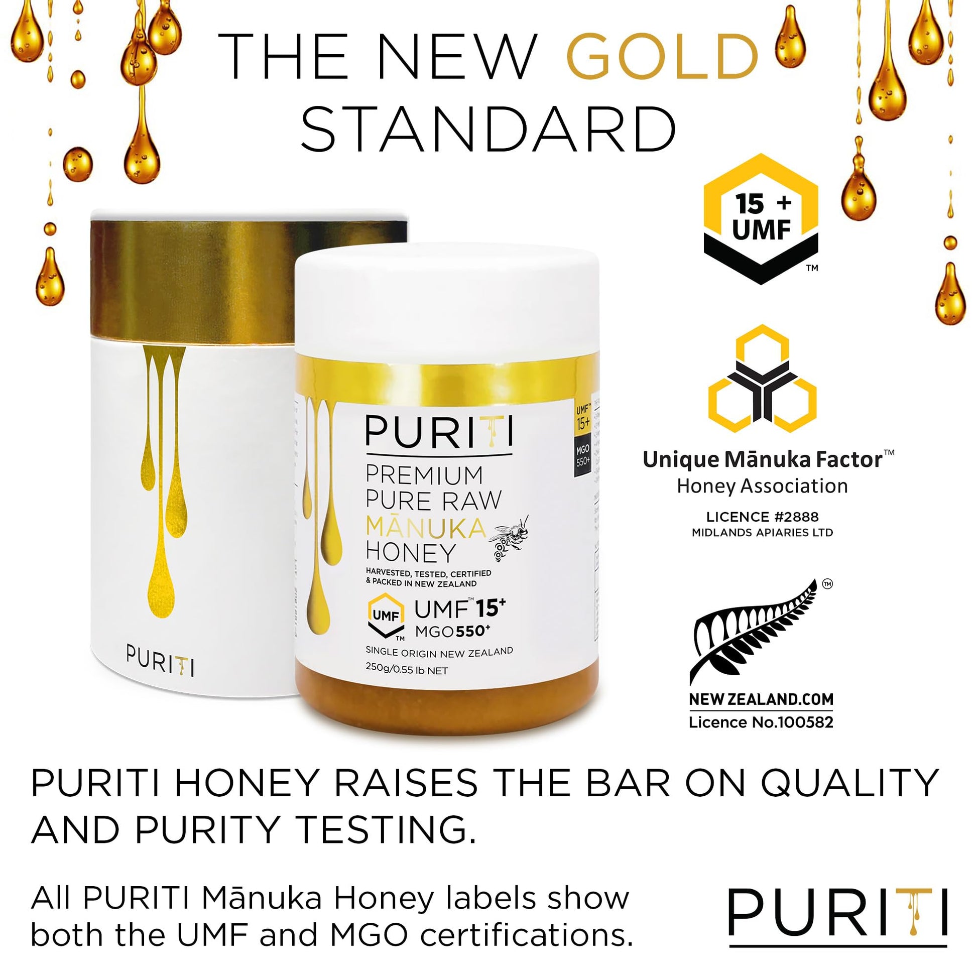 PURITI Manuka Honey MGO 550+ / UMF 15+ | 100% Pure Genuine Raw Manuka Honey | 8.8 Oz / 250g | Harvested, Tested, Certified and Packed in New Zealand - Medaid International