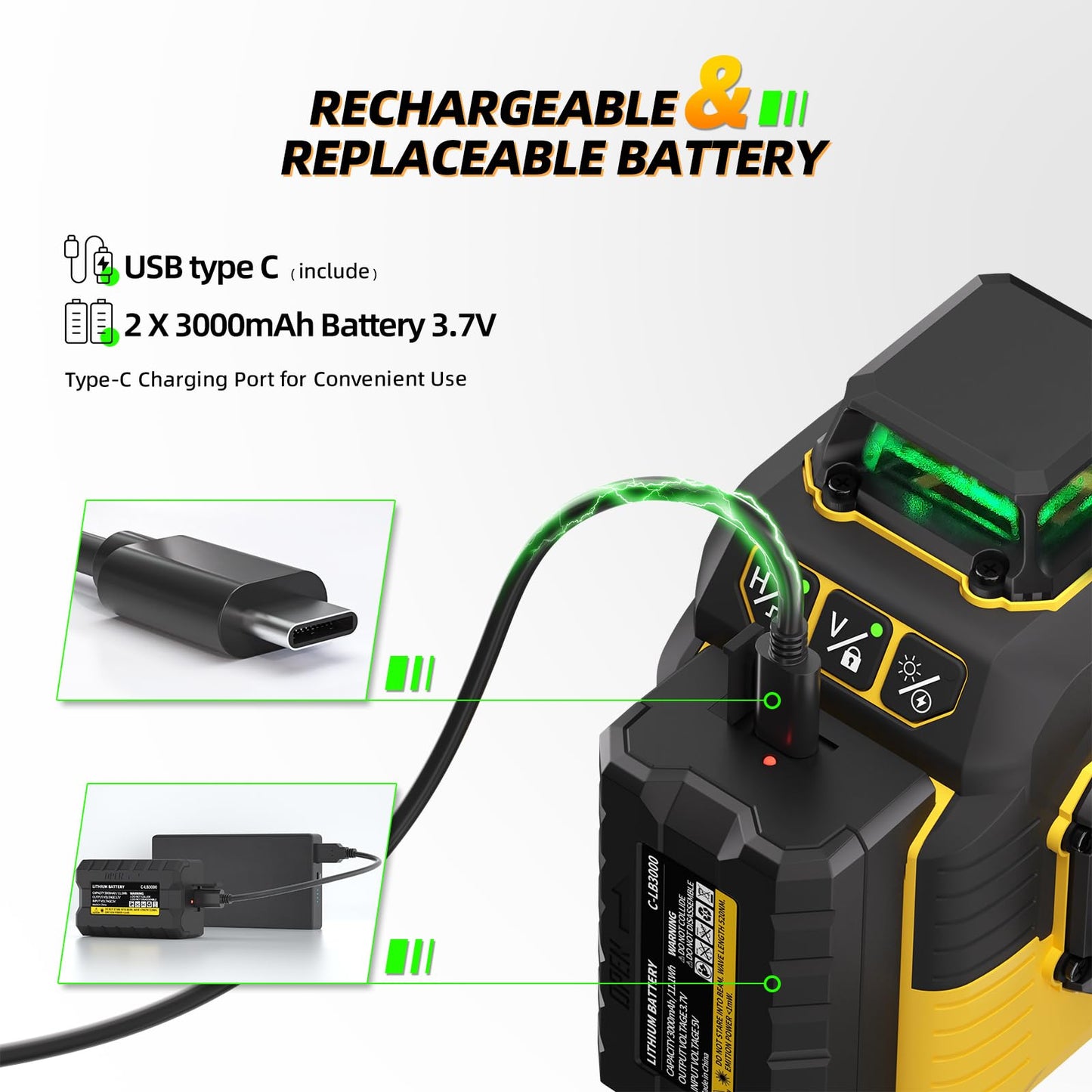 IKOVWUK Laser Level with Tripod, Laser Level 3x360° Self Leveling 12 Green Line, Rechargeable Battery 2 x 3000 mAh & Type-C Charging Port, Compact Adjustable 1.6M Tripod & Carry Pouch Included - Medaid International