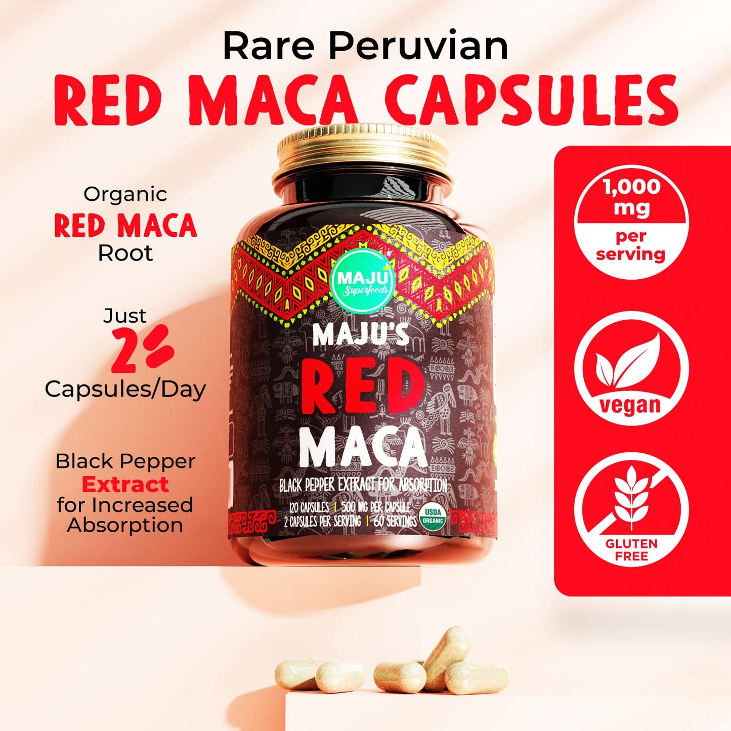 Maju Superfoods Organic Red Maca Root Capsules 120ct - Women Focused Curve Enhancement Nutrition Booster Pills, Gain for Thighs, Powder in Pill Supplement - Medaid International