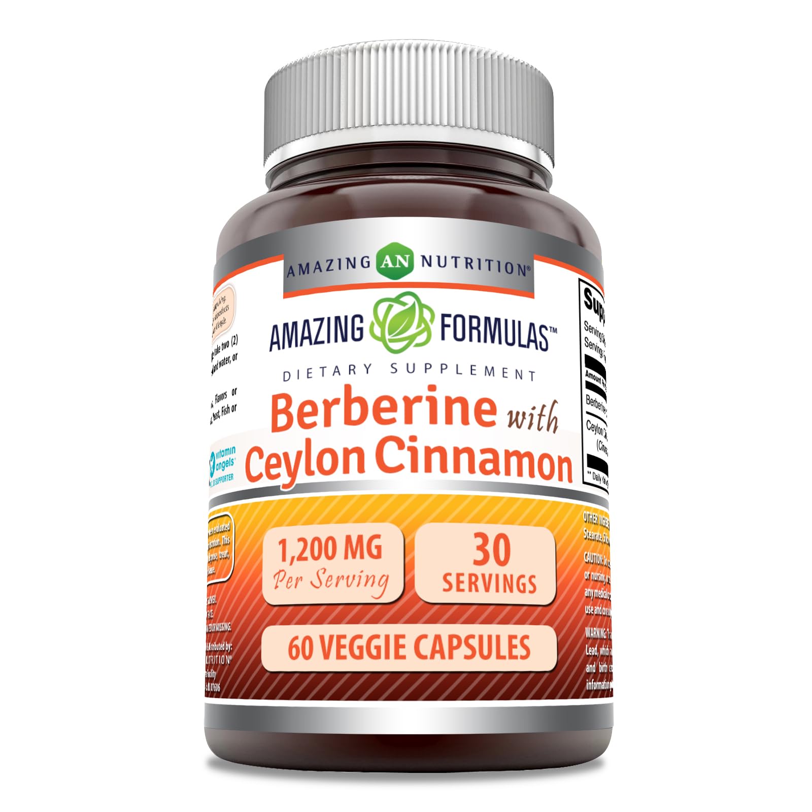 Amazing Formulas Berberine with Pure Ceylon Cinnamon 1200 Mg Per Serving | Premium Complex Supplement | Veggie Capsules | Non-GMO | Gluten Free | Made in USA (1 Pack, 60 Count) - Medaid International