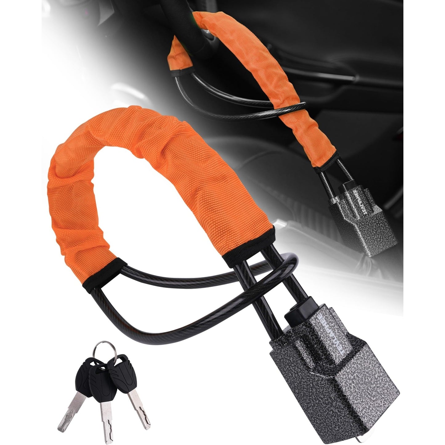 Tevlaphee Steering Wheel Lock Seat Belt Lock Universal Anti Theft Car Device Car Lock Car Theft Prevention with 3 Keys for Car Security Fit Most Vehicles Truck SUV Van (Orange) - Medaid International